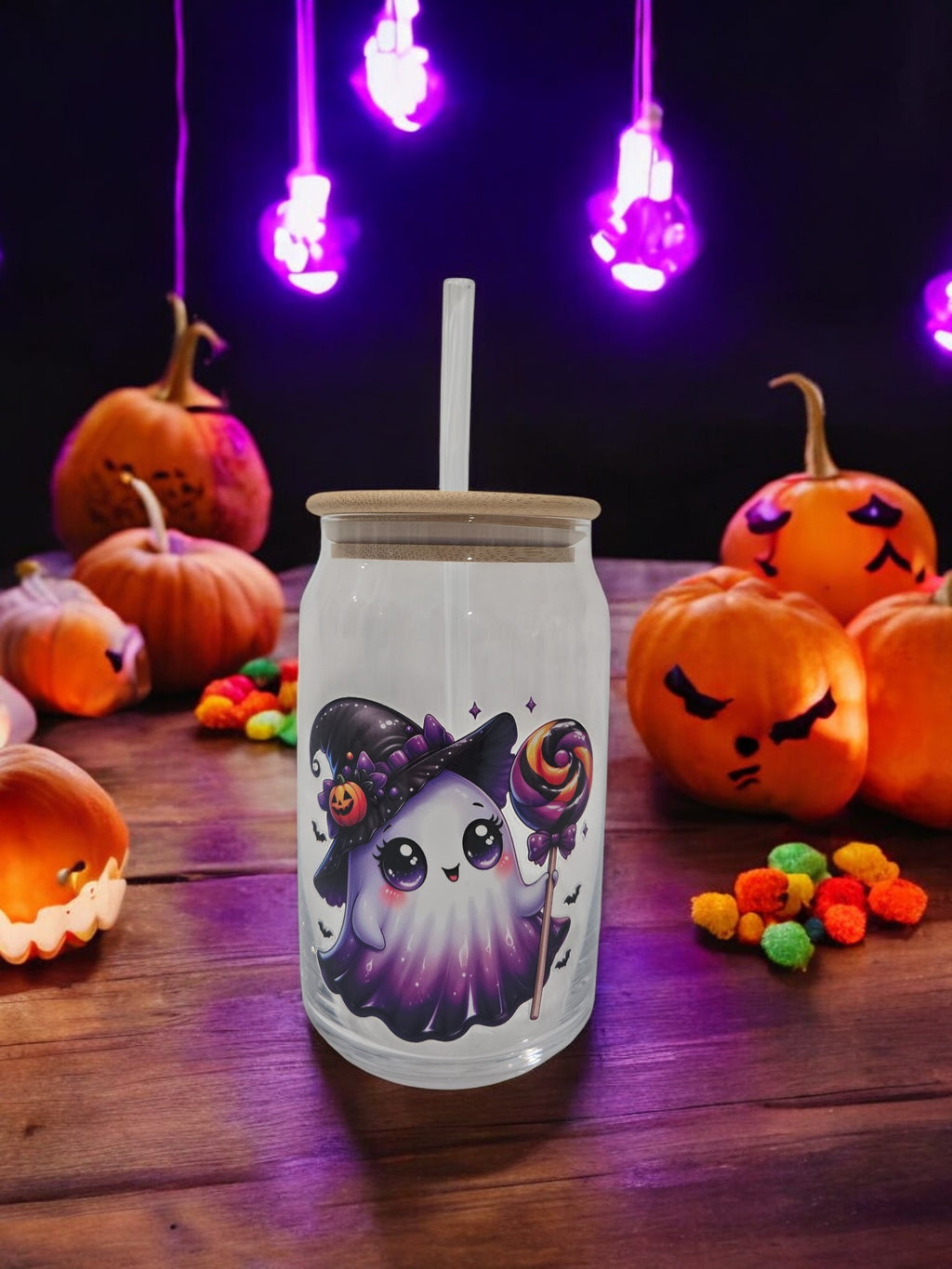 Halloween Glass cup, 17.58 oz, Ghost witch with lollipop