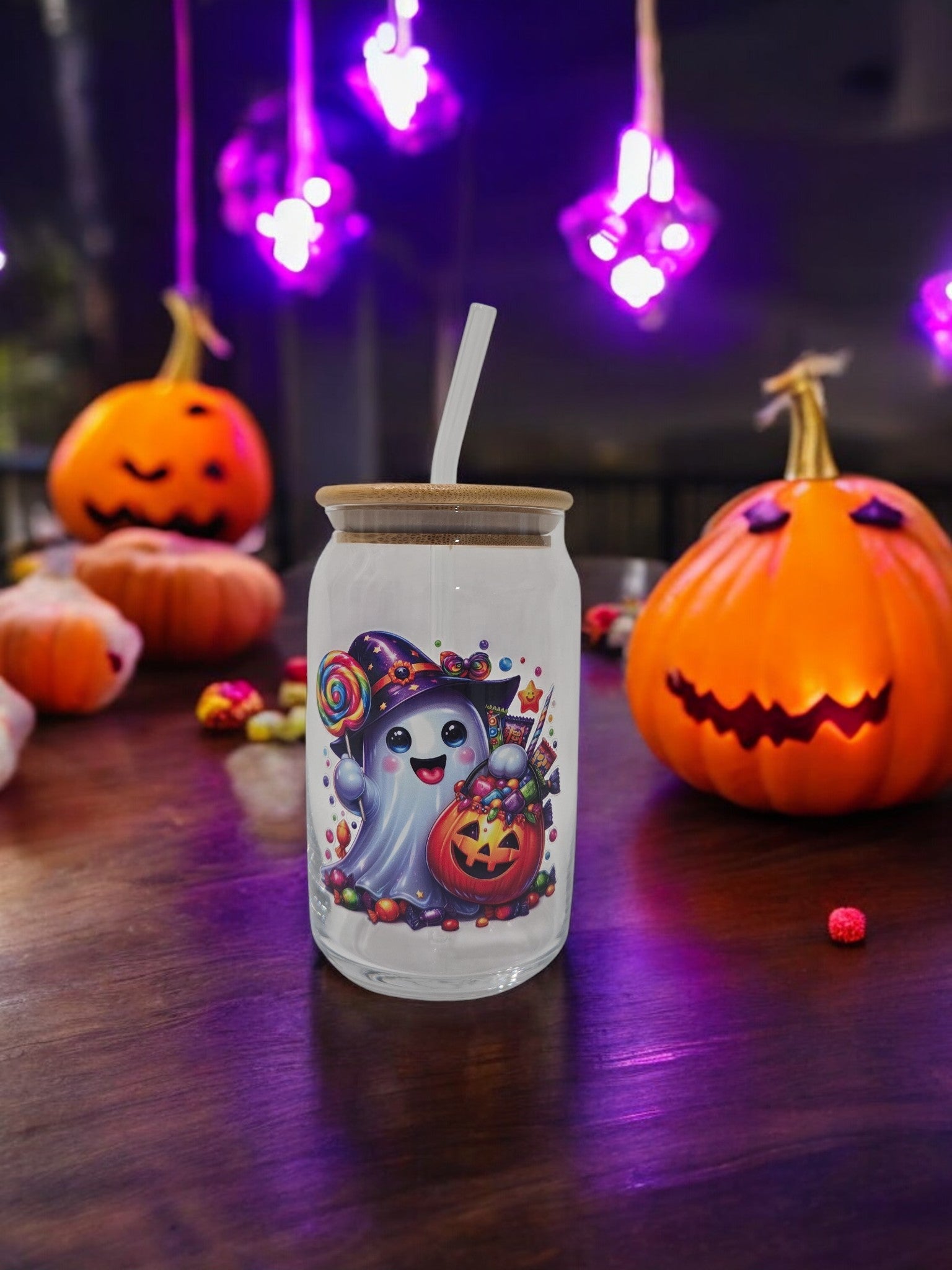 Halloween Glass Cup, 17.58 oz, Ghost witch with a trick or treat pumpkin bucket