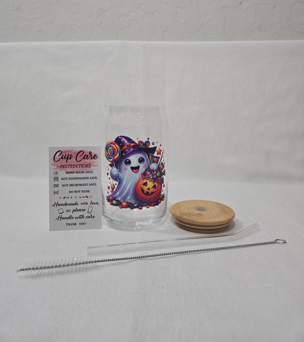 Halloween Glass Cup, 17.58 oz, Ghost witch with a trick or treat pumpkin bucket