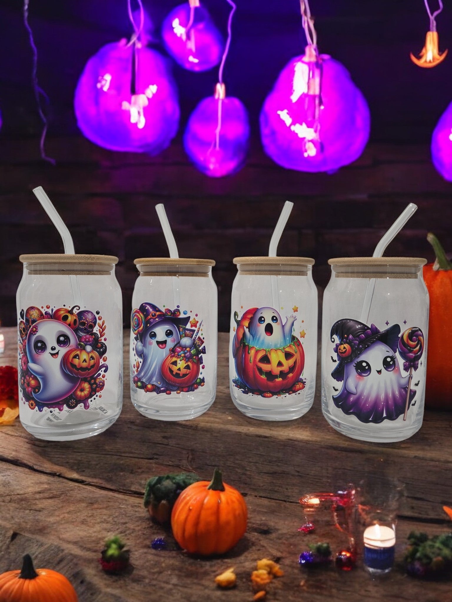 Halloween Glass Cup, 17.58 oz, Ghost witch with a trick or treat pumpkin bucket
