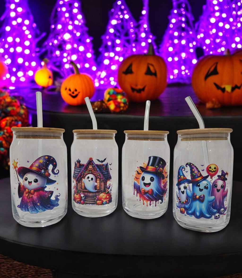 Halloween Glass Cup, 17.58 oz, Trio of Ghosts, witch hats,orange pumpkin balloon design