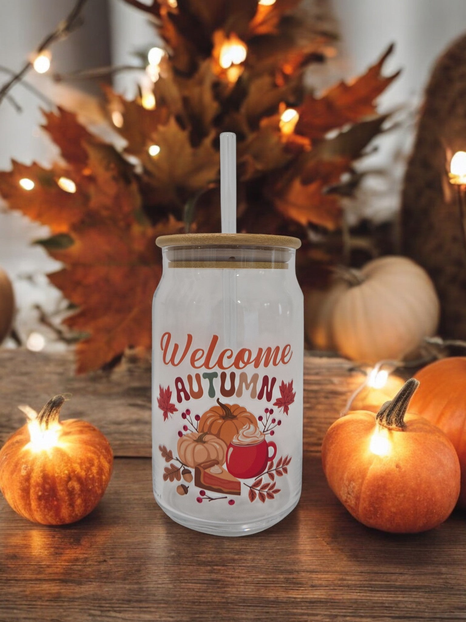 Fall Glass Cup, 17.58 oz, "Welcome Autumn"