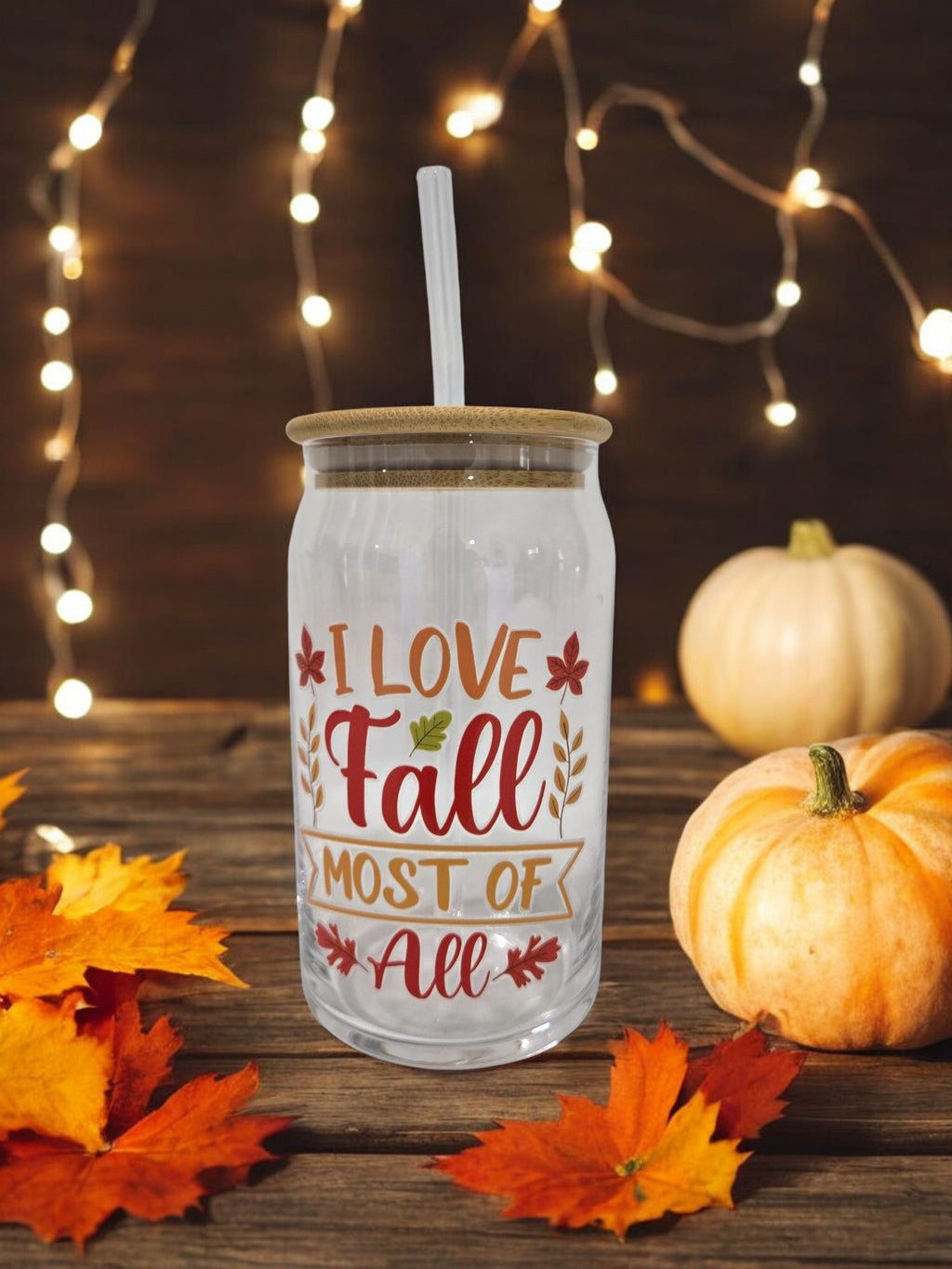Fall Glass cup, 17.58 oz, " I love Fall Most of All"