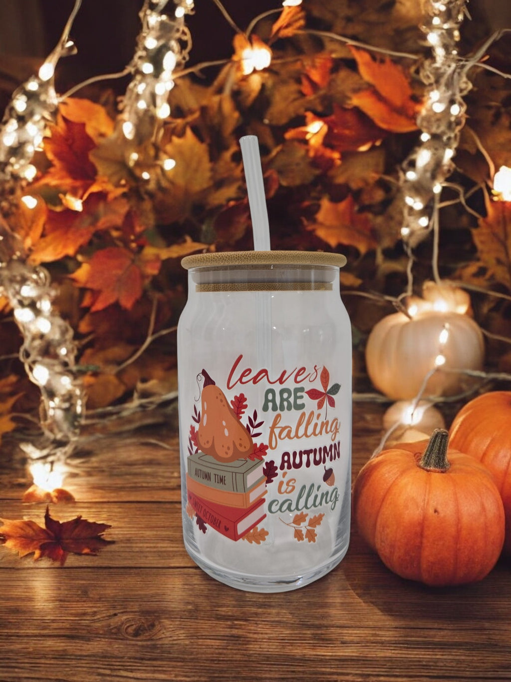Fall Glass Cup, 17.58 oz, "Leaves are Falling, Autumn is Calling"