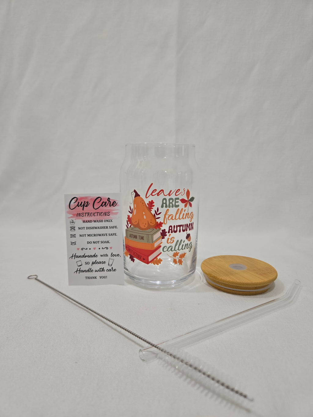Fall Glass Cup, 17.58 oz, "Leaves are Falling, Autumn is Calling"