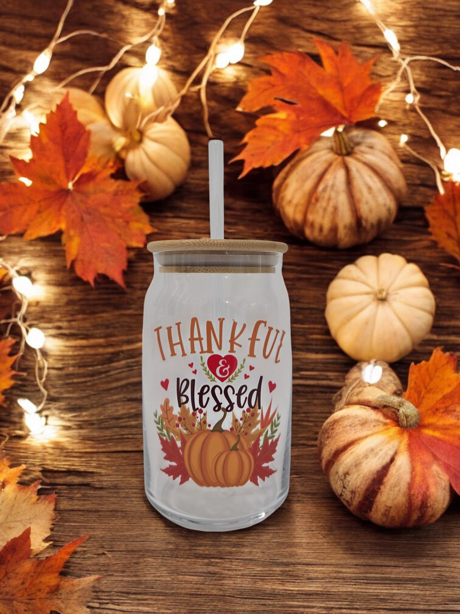Fall Glass Cup, 17.58 oz, "Thankful and Blessed"