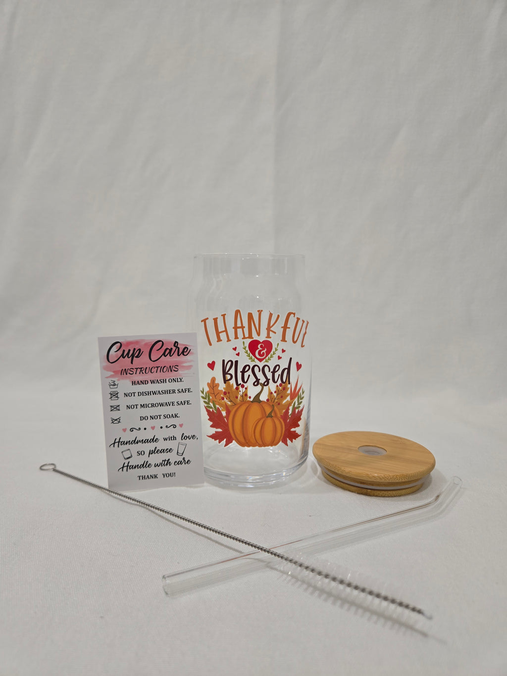 Fall Glass Cup, 17.58 oz, "Thankful and Blessed"