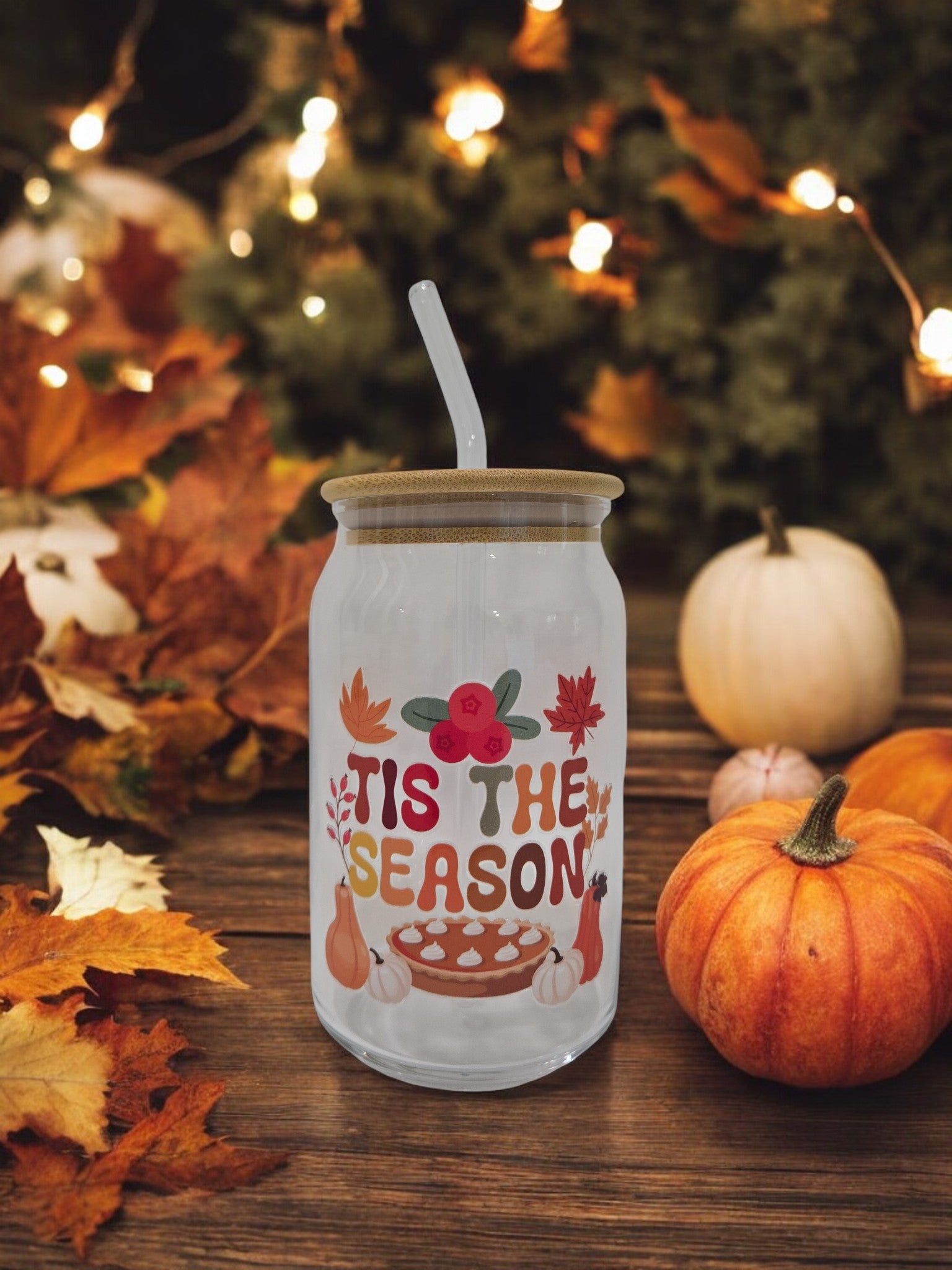 Fall Glass Cup, 17.58 oz, "Tis the Season"