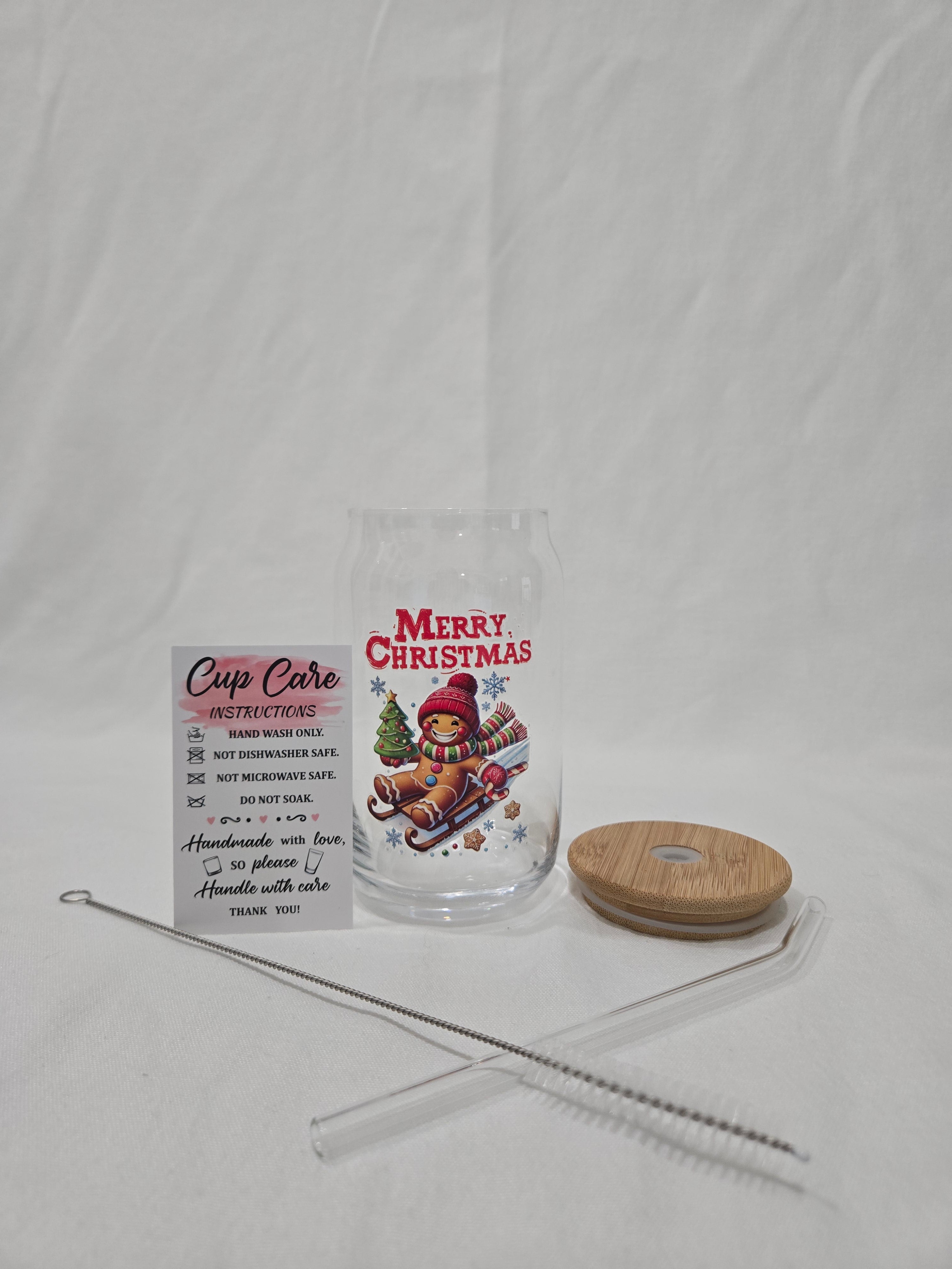 Christmas Glass cup, 17.58 oz, Gingerbread man on a sled with "Merry Christmas"