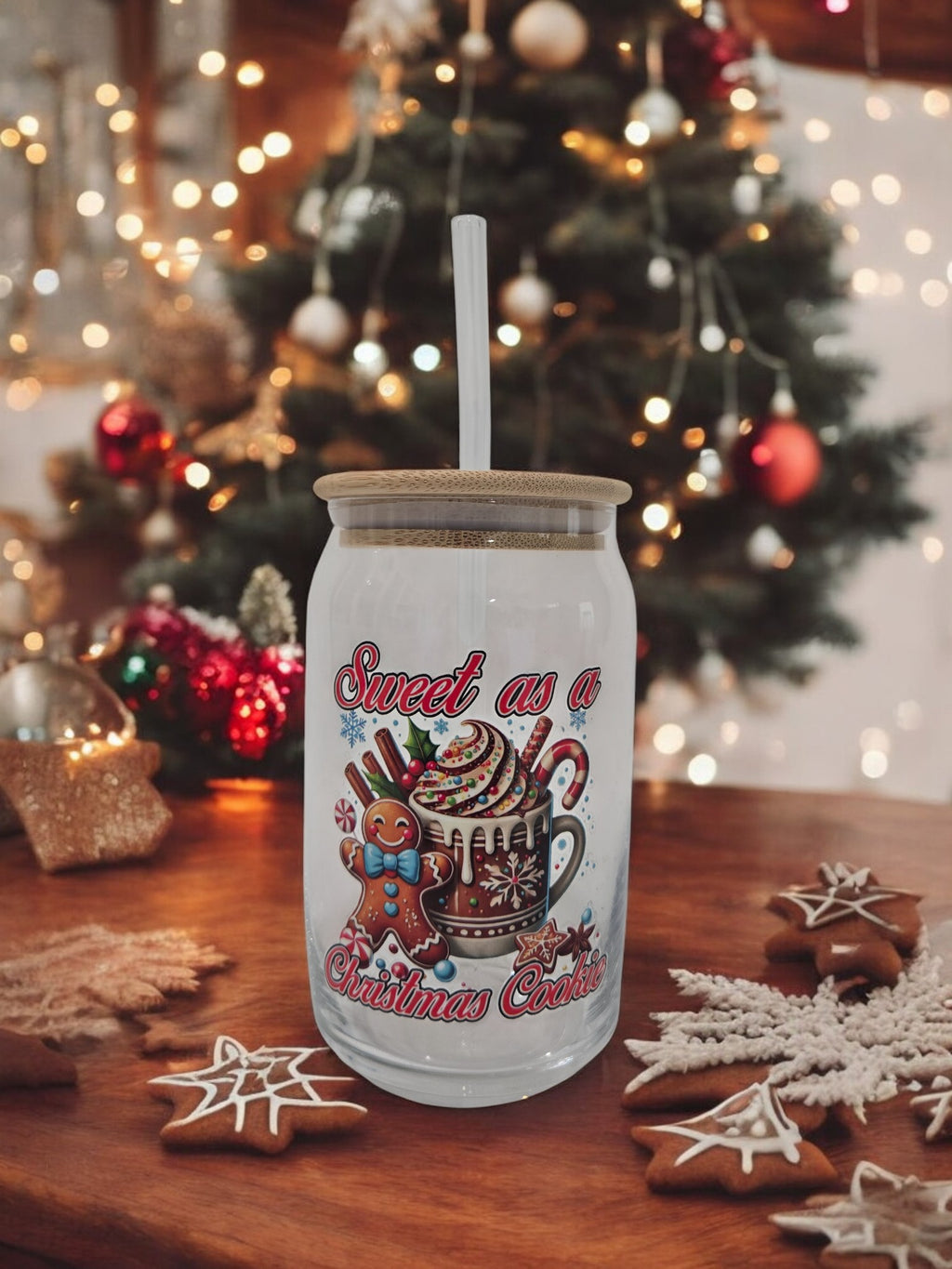 Christmas Glass Cup, 17.58 oz, Gingerbread man with Hot Cocoa and " Sweet as a Christmas Cookie"