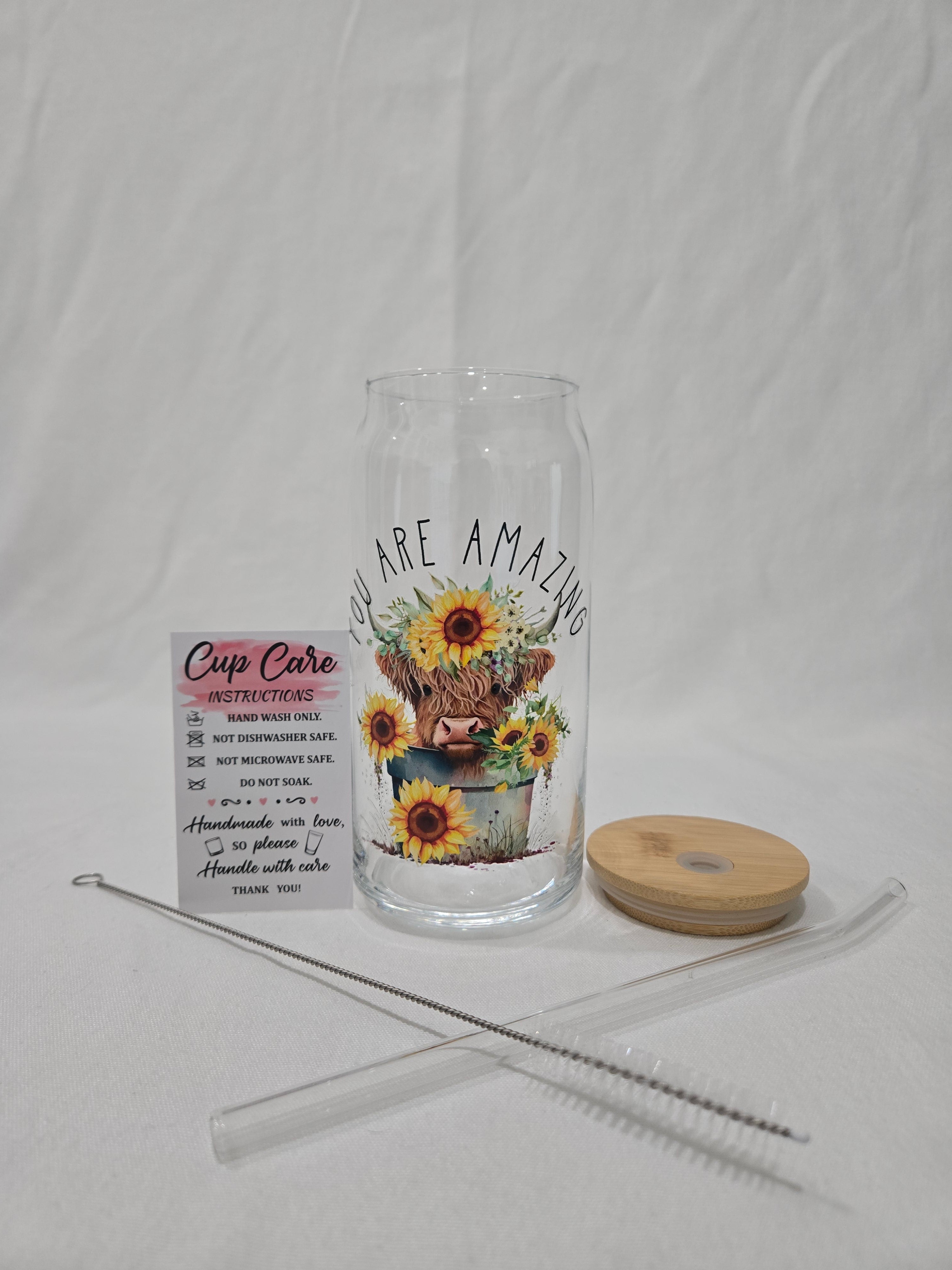 Highland Cow Glass Cup, 20 oz,  You are Amazing design