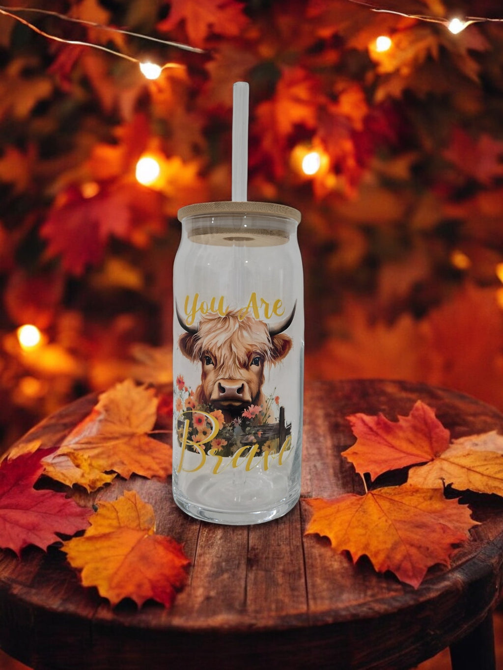 Highland Cow Glass Cup, 20 oz, Cow with 'You are Brave" and flowers design
