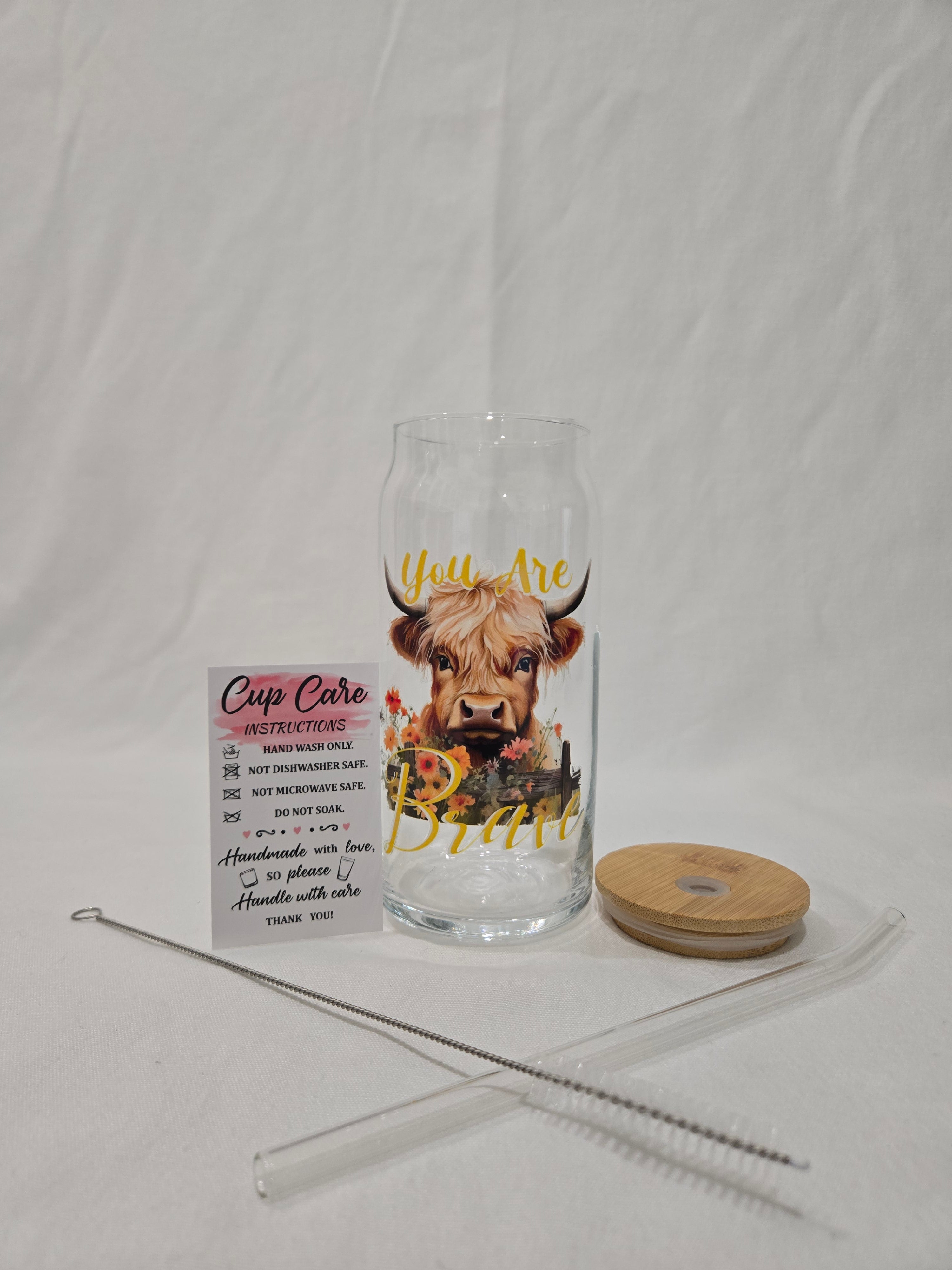 Highland Cow Glass Cup, 20 oz, Cow with 'You are Brave" and flowers design