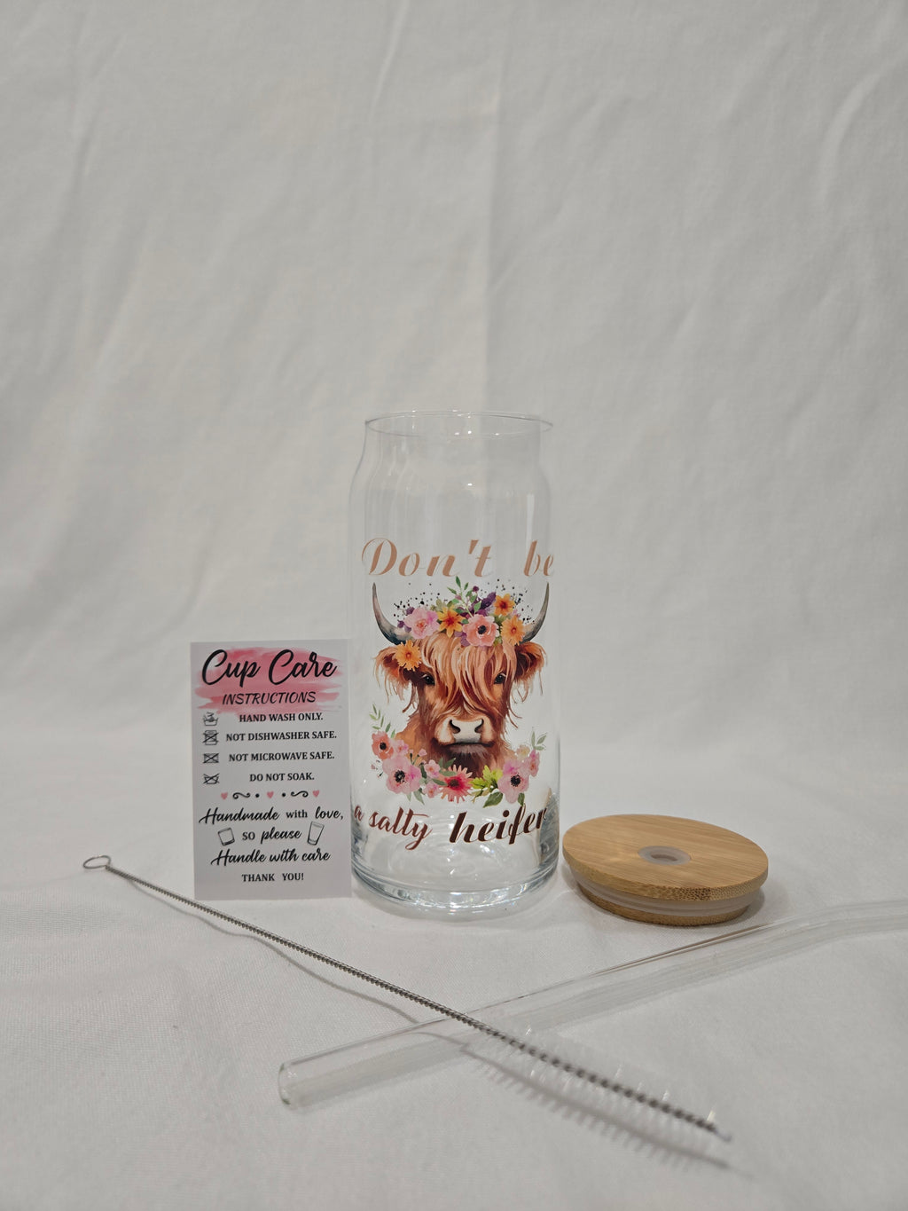 Highland Glass Cup, 20 oz, "Don't be a Salty Heifer" with flowers
