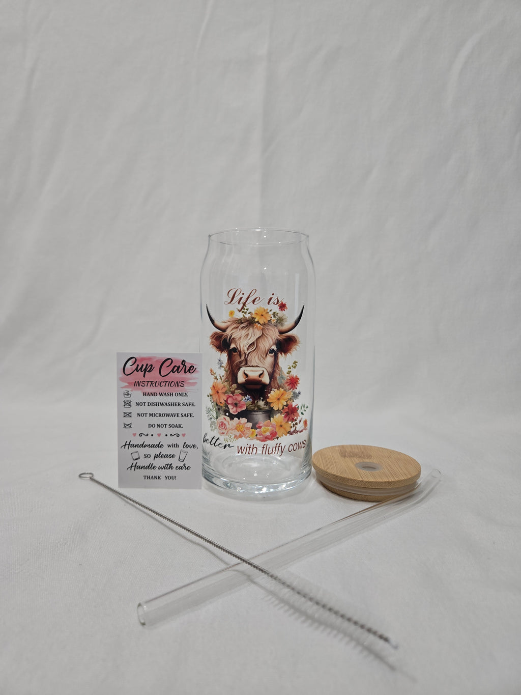 Highland Cow Glass Cup, 20 oz, "Life is better with a fluffy Cow" with flowers