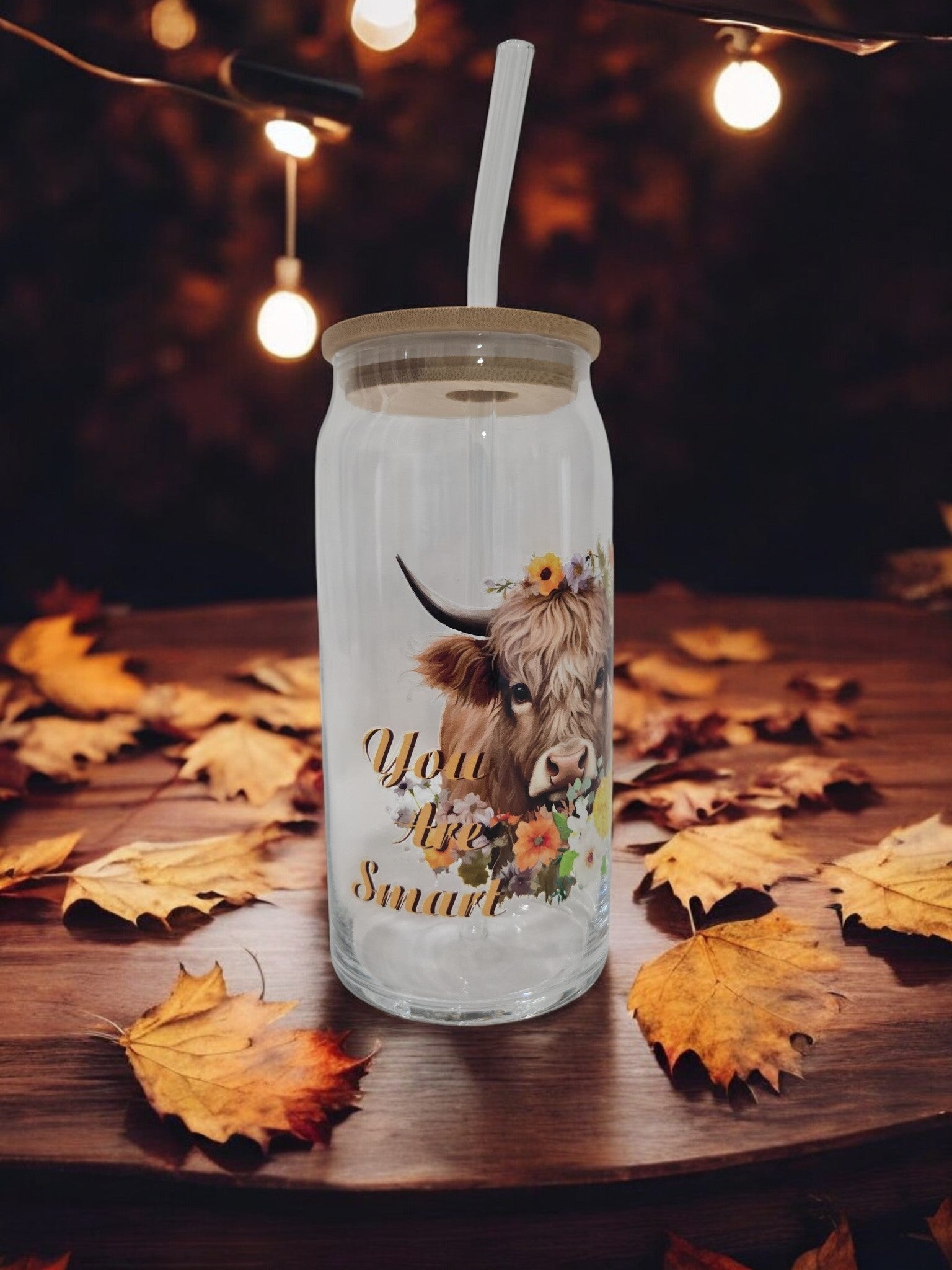 Highland Cow Glass Cup, 20z, "You are smart" Cow with flowers around it