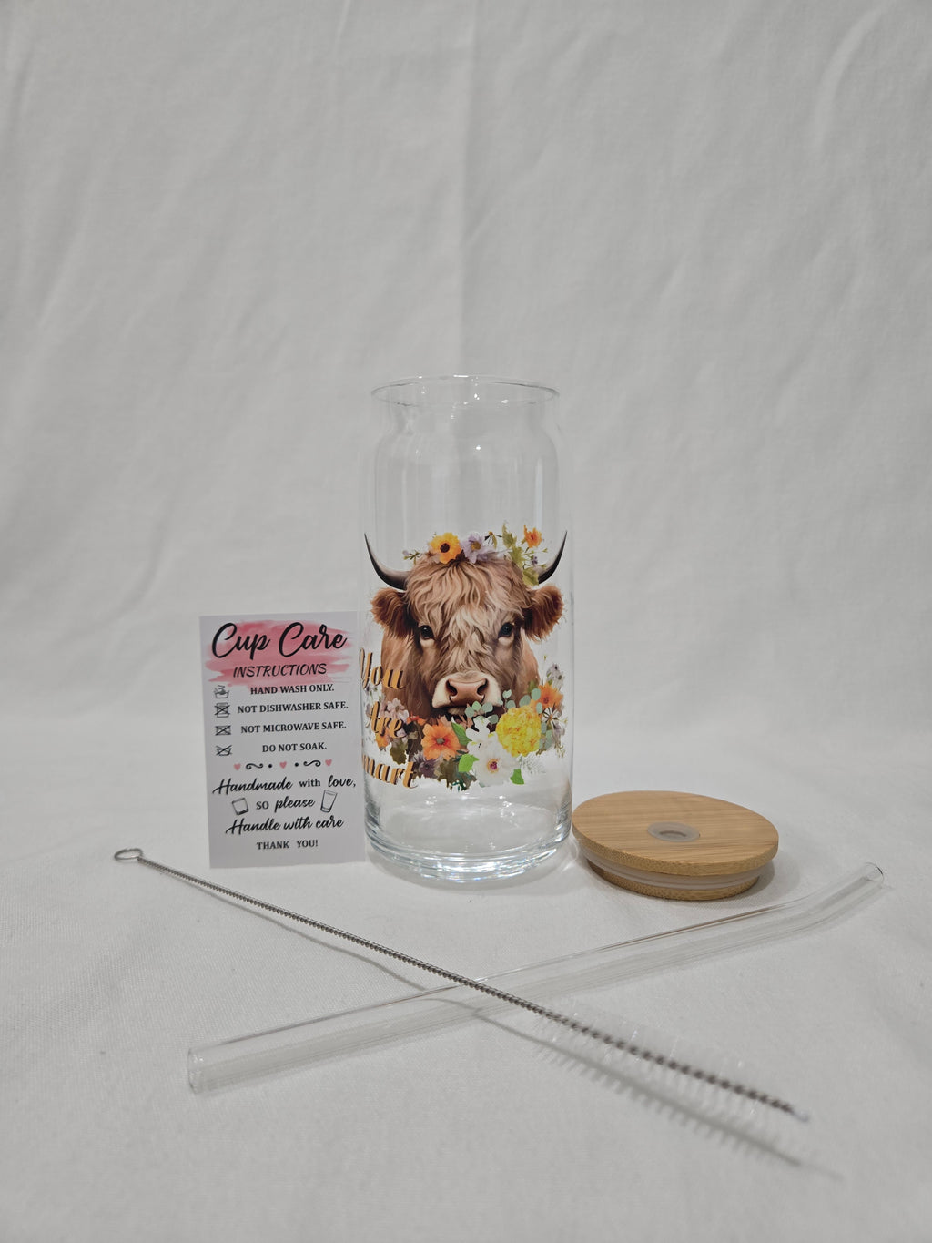 Highland Cow Glass Cup, 20z, "You are smart" Cow with flowers around it