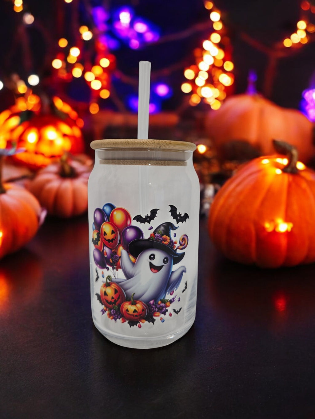 Halloween Glass cup, 17.58 oz, Ghost with witches hat, balloons design