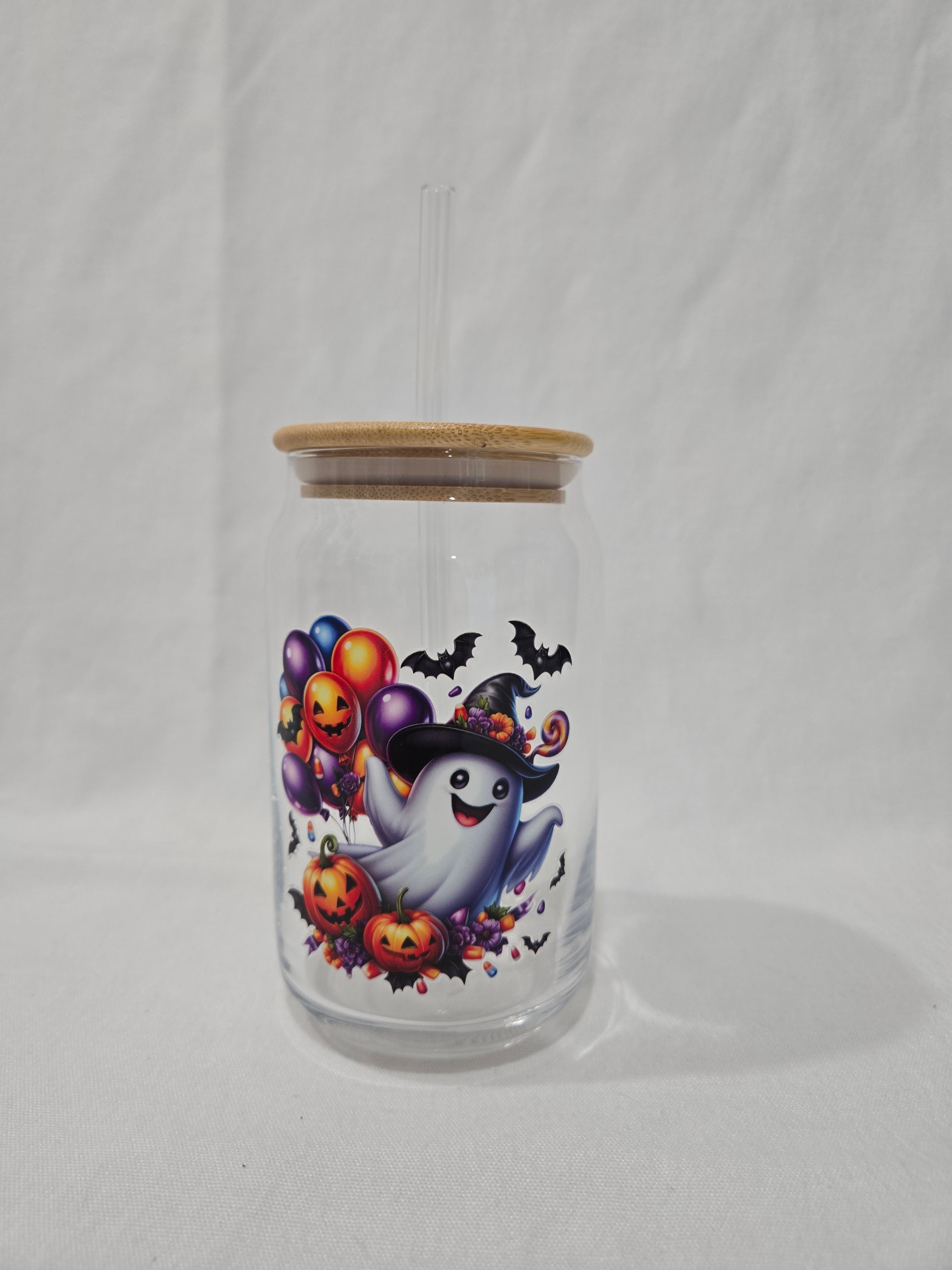 Halloween Glass cup, 17.58 oz, Ghost with witches hat, balloons design