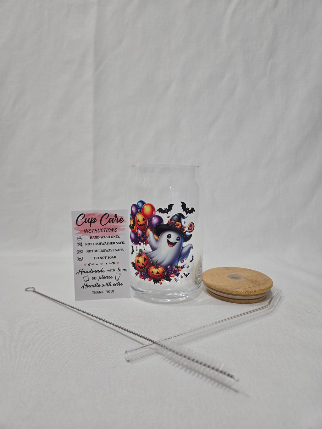 Halloween Glass cup, 17.58 oz, Ghost with witches hat, balloons design