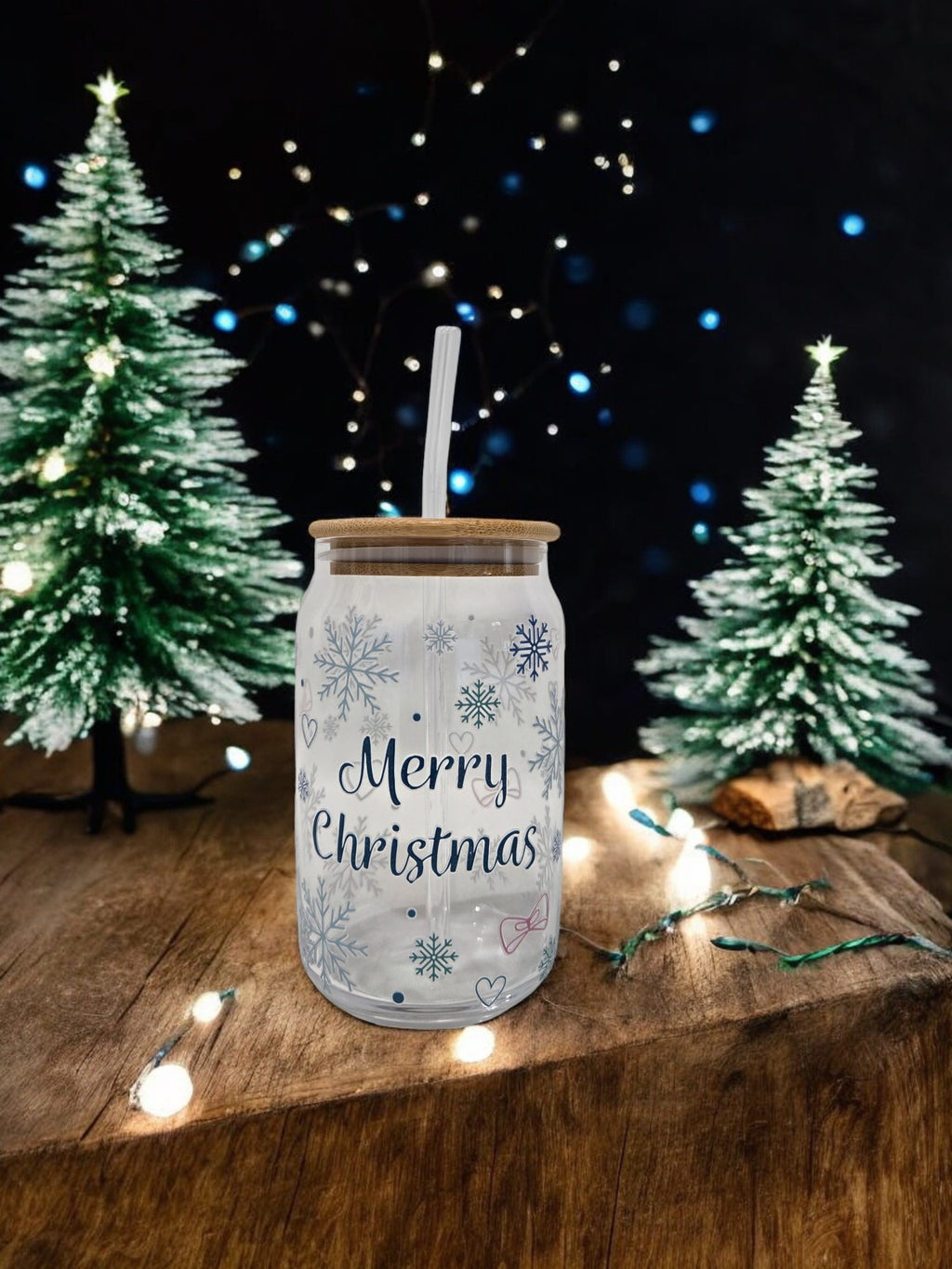 Christmas Glass Cup, 17.58 oz, "Merry Christmas" with Snowflakes