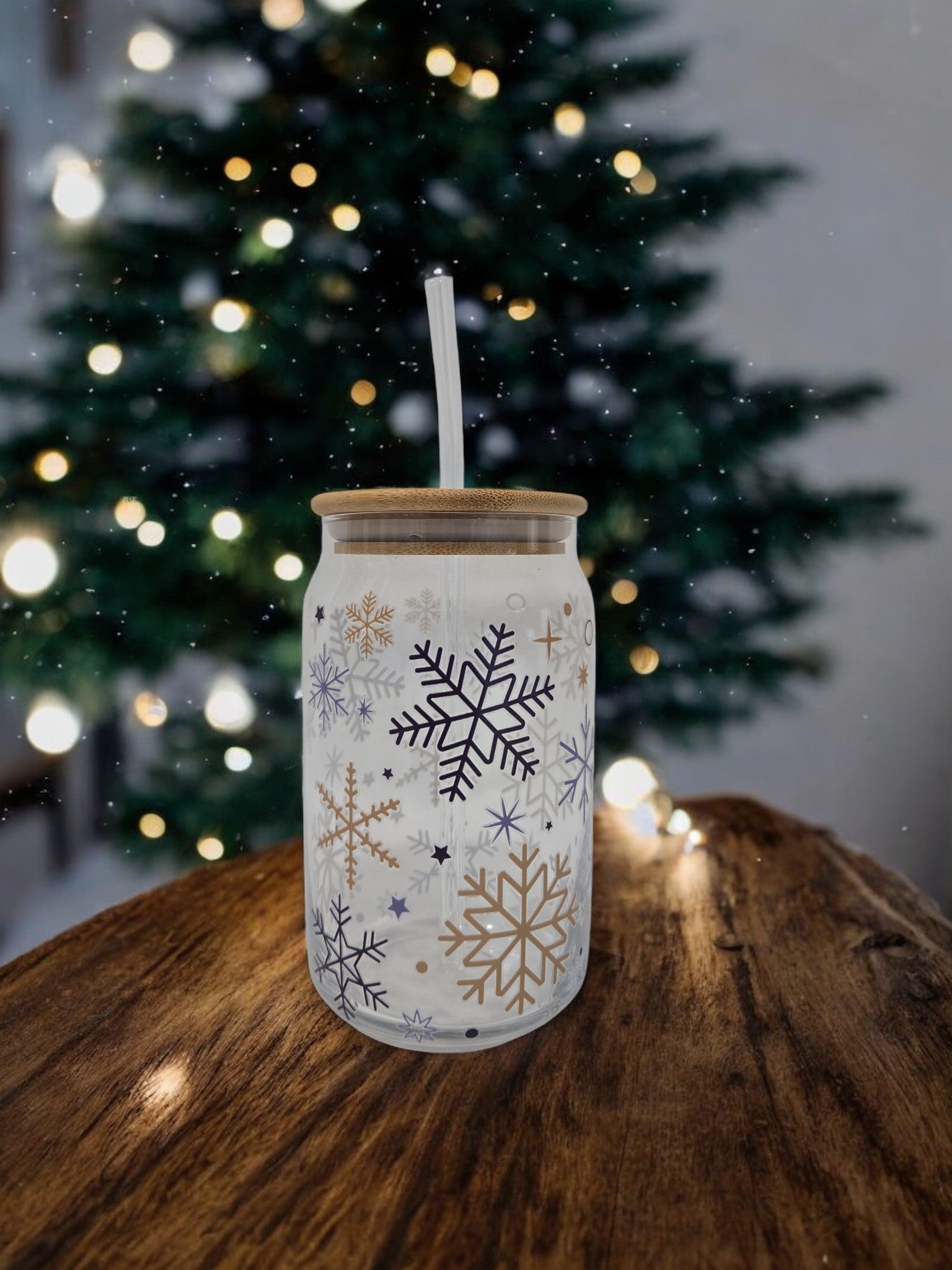 Christmas Glass Cup, 17.58 oz, Snowflakes, blue and gold