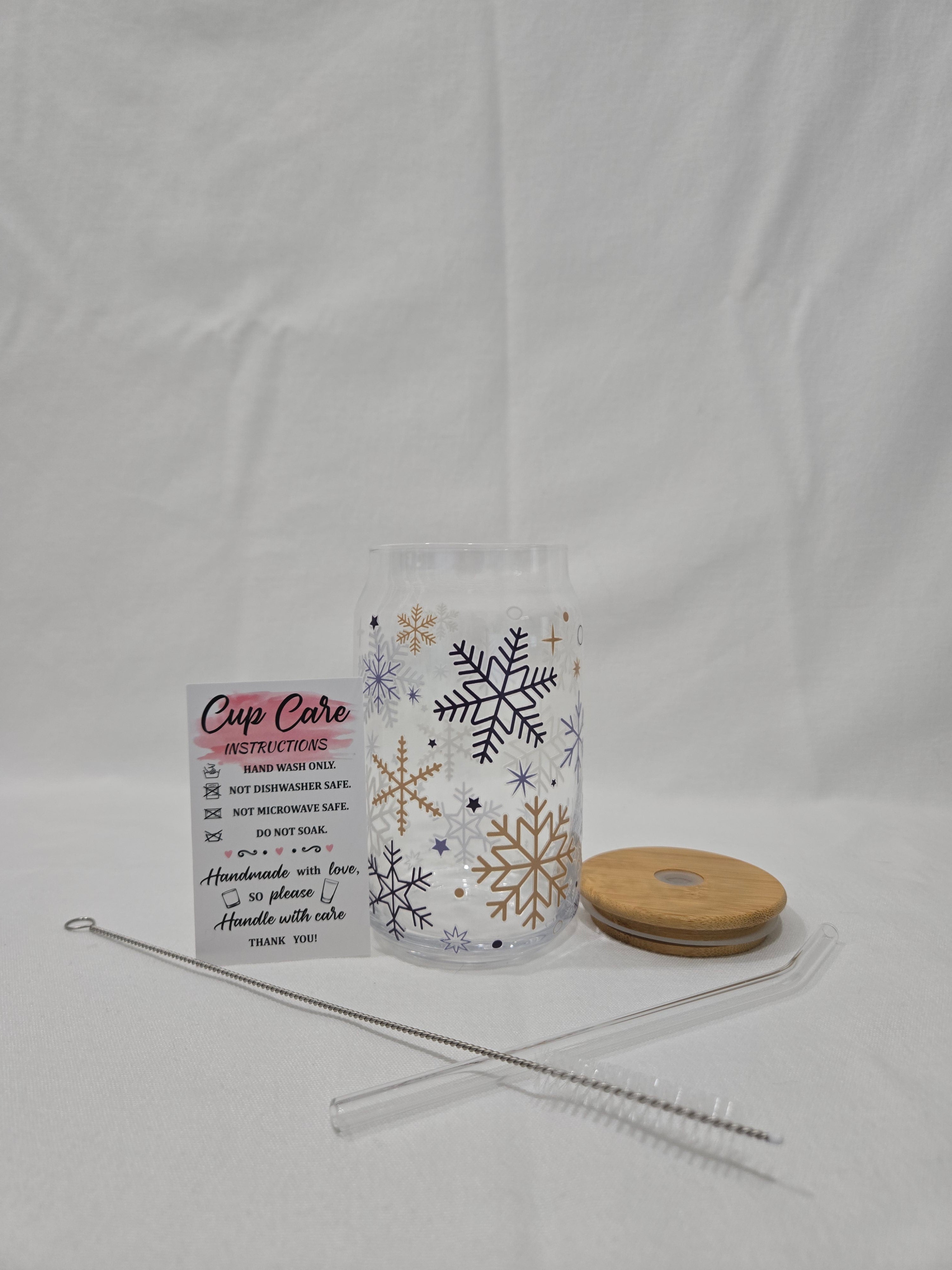 Christmas Glass Cup, 17.58 oz, Snowflakes, blue and gold