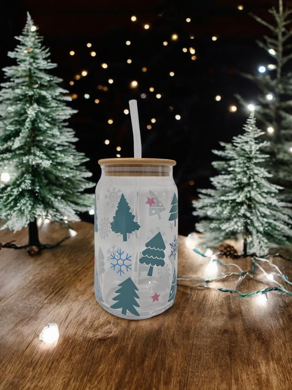 Christmas Glass Cup, 17.58 oz, Trees, Snowflakes, and Stars
