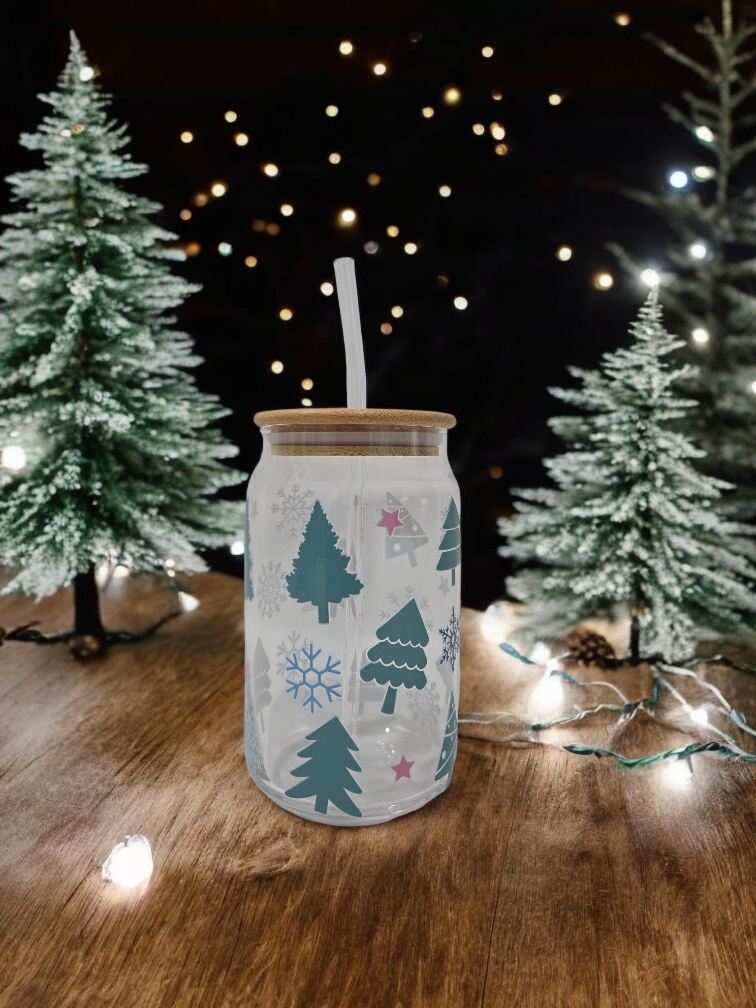 Christmas Glass Cup, 17.58 oz, Trees, Snowflakes, and Stars