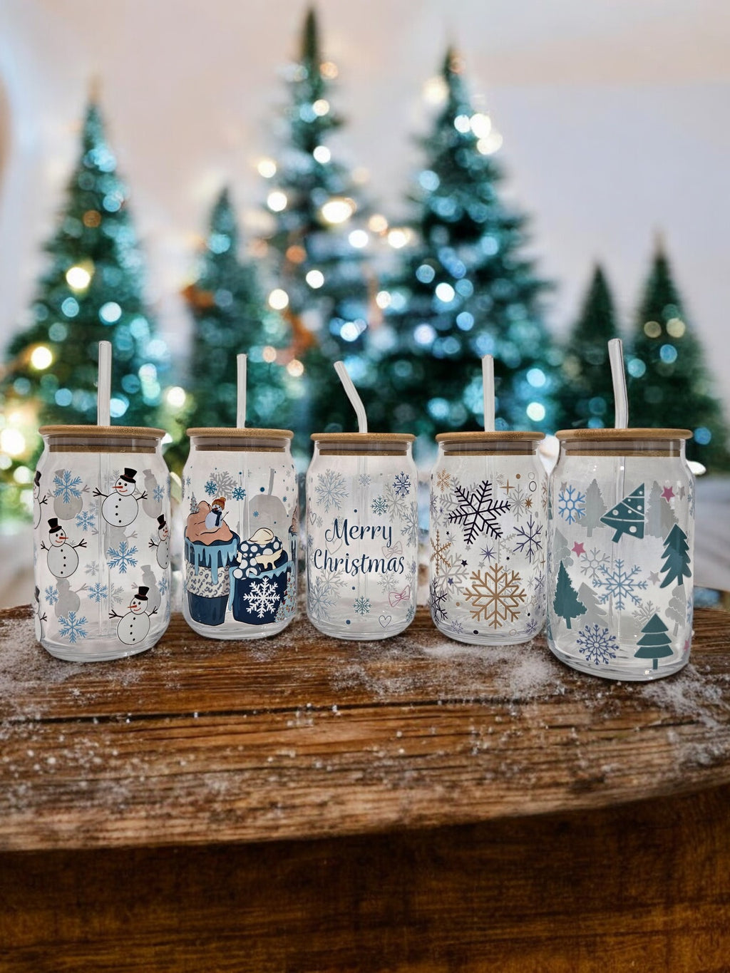 Christmas Glass Cup, 17.58 oz, Snowflakes, blue and gold