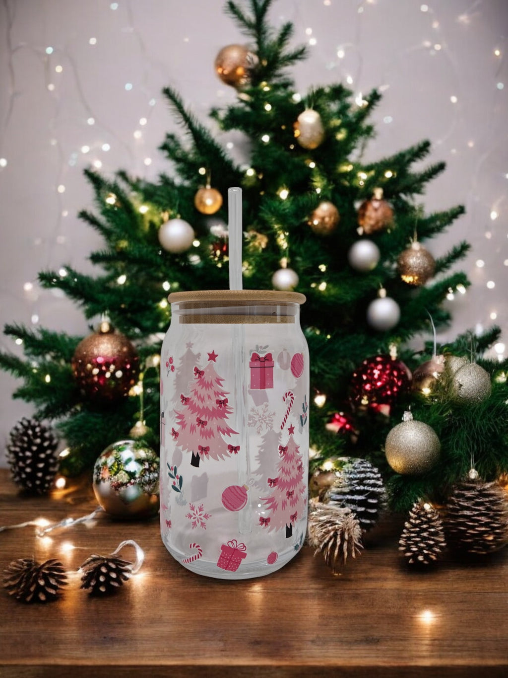 Pink Winter Glass Cup, 17.58 oz, Christmas Trees, presents