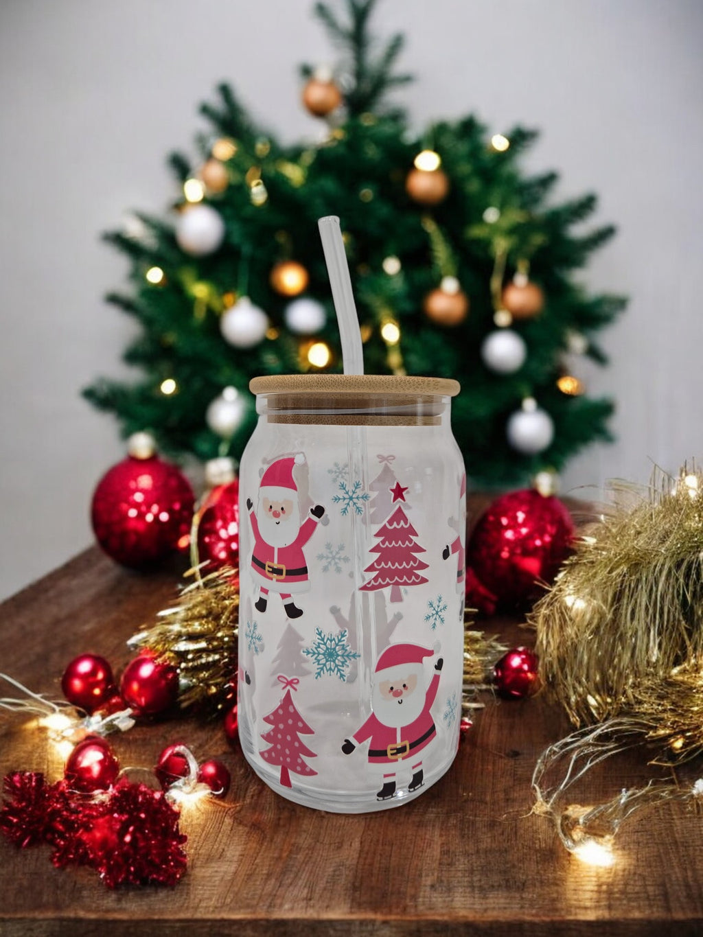 Winter Pink Glass Cup, 17.58 oz, with Santa, Christmas Tree and snowflakes