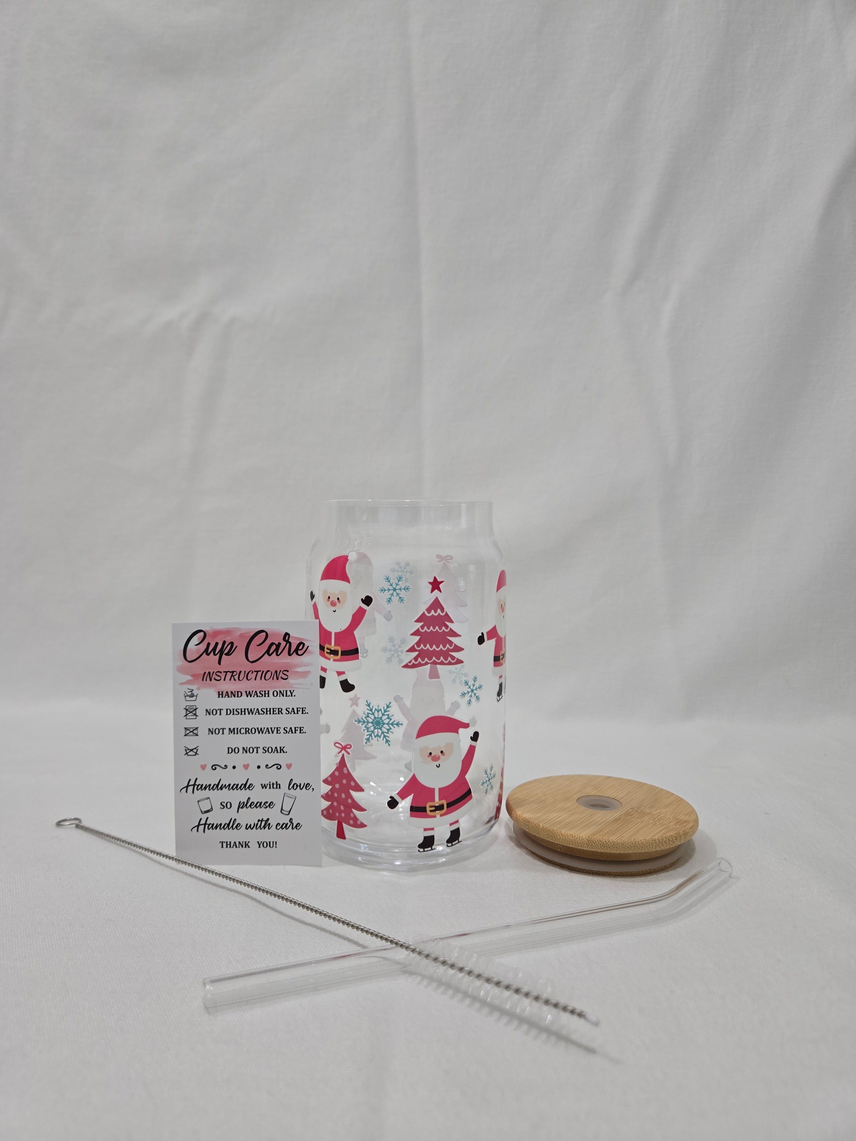 Winter Pink Glass Cup, 17.58 oz, with Santa, Christmas Tree and snowflakes