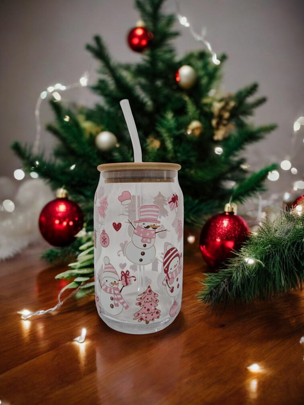Winter Pink Glass Cup, 17.58 oz, Snowmen, hearts and Christmas trees