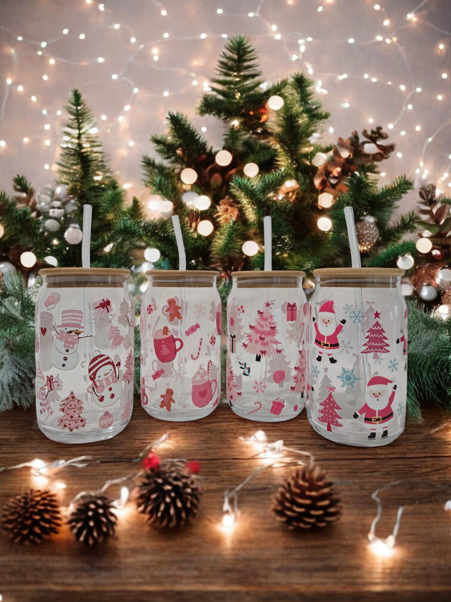 Winter Pink Glass Cup, 17.58 oz, with Santa, Christmas Tree and snowflakes