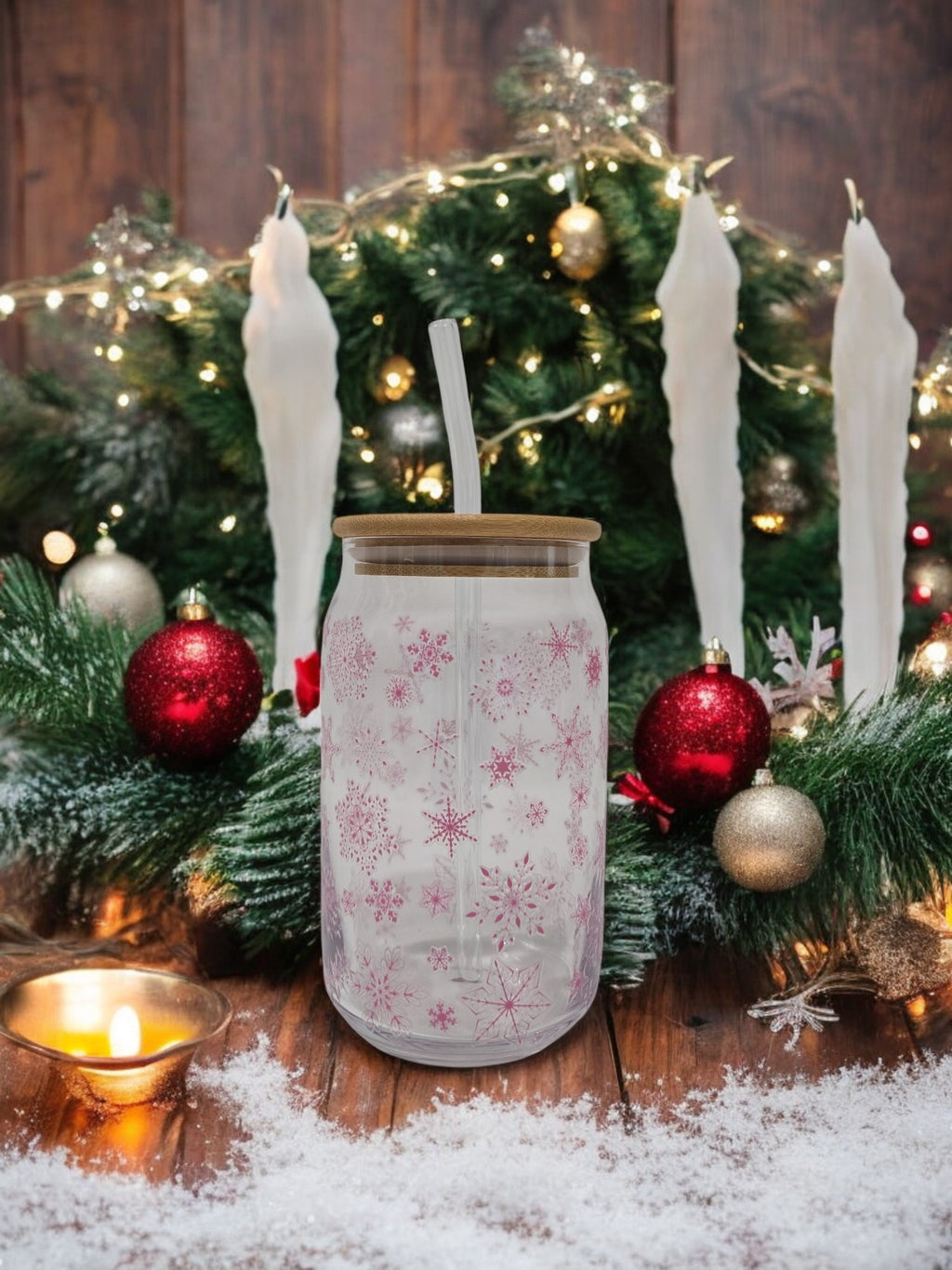 Winter Pink Glass Cup, 17.58 oz, with Snowflakes