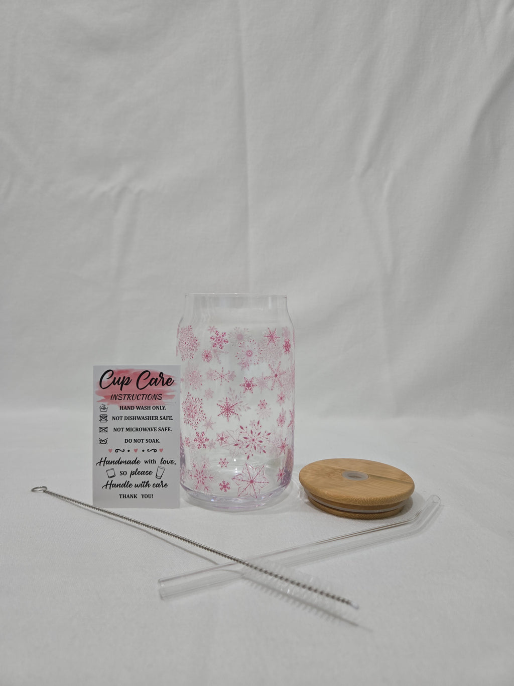 Winter Pink Glass Cup, 17.58 oz, with Snowflakes