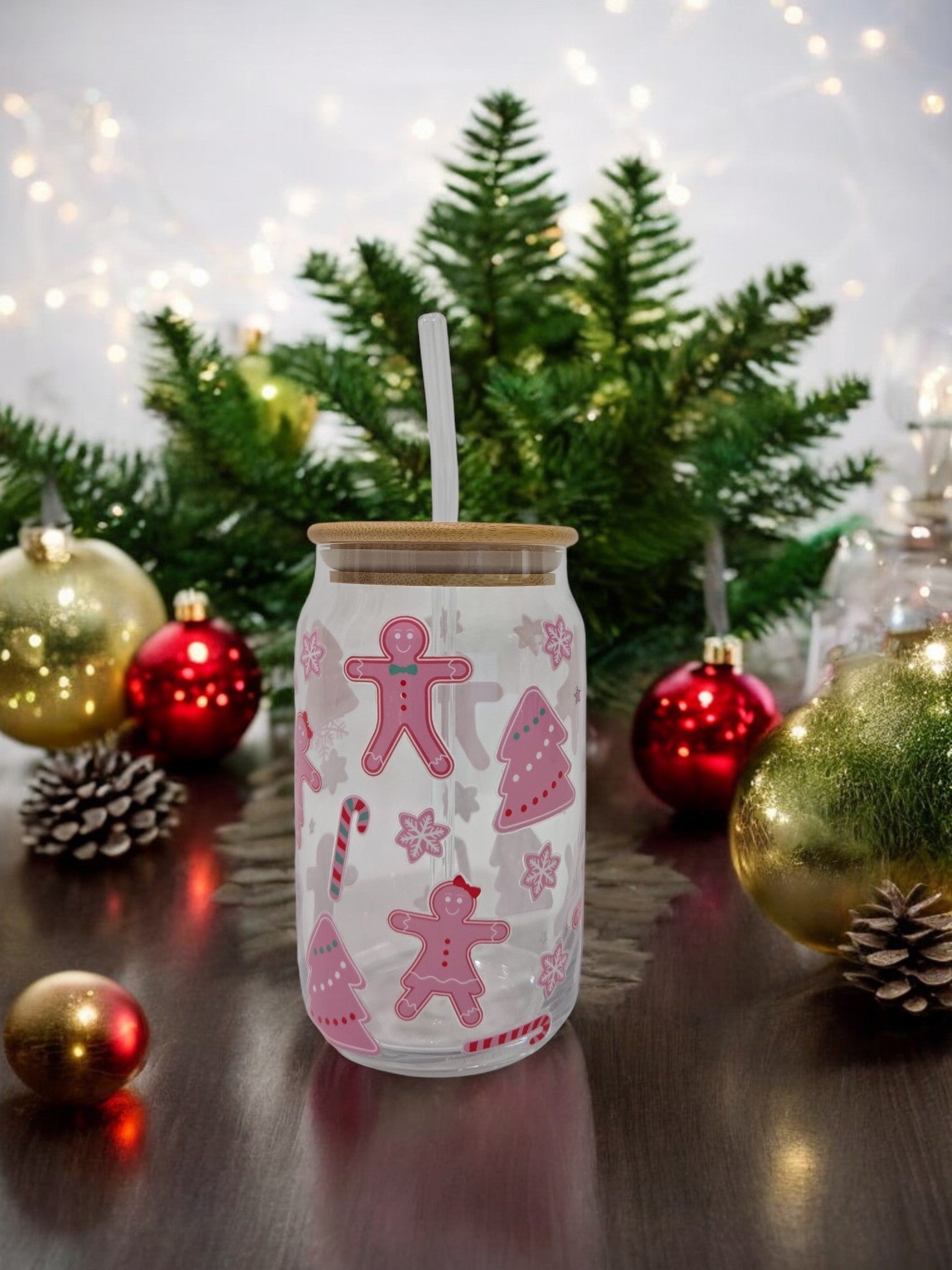 Winter Pink Glass Cup, 17.58 oz, Gingerbread men, Christmas Trees, Snowflakes and candy canes