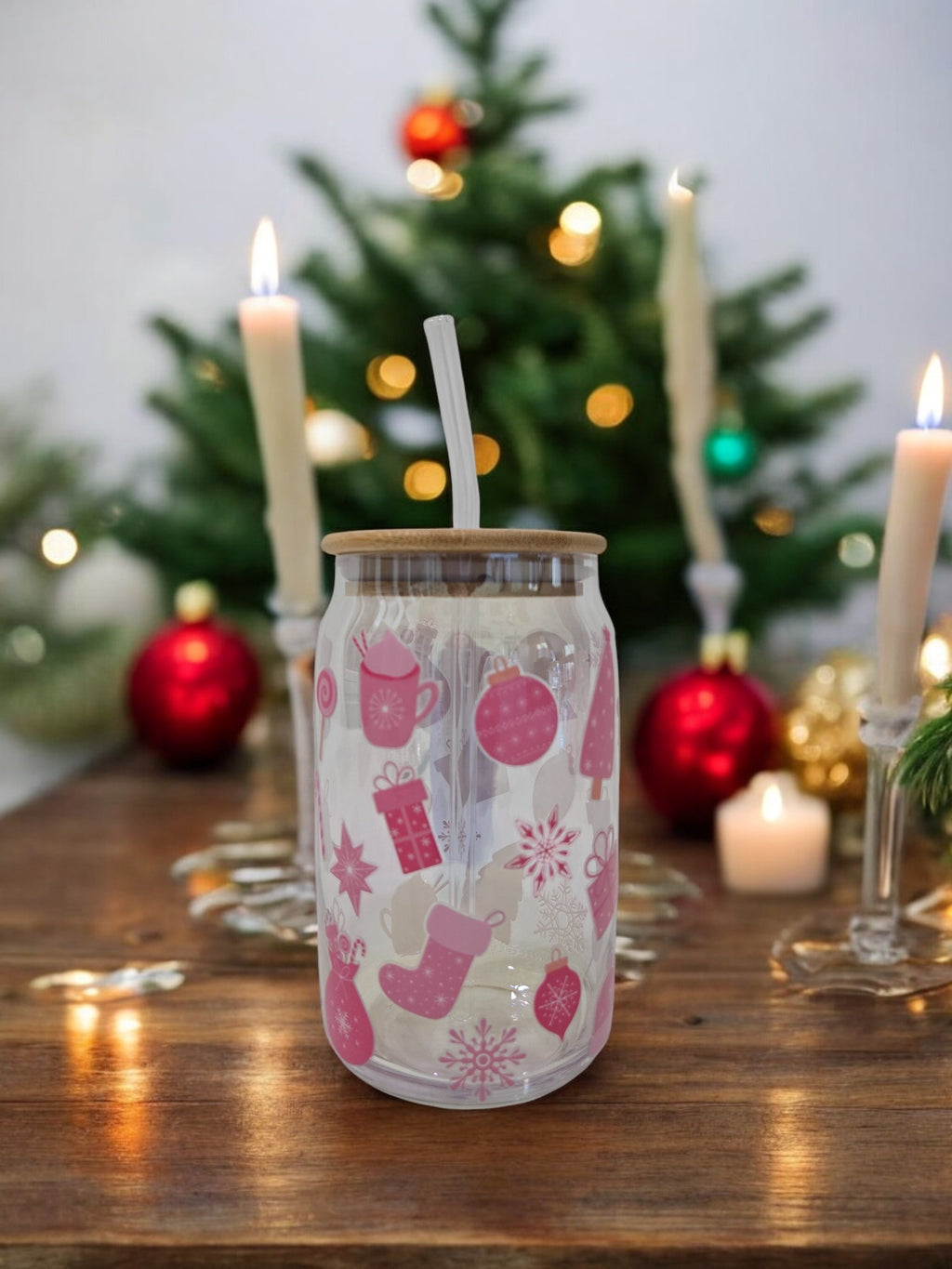 Winter Pink Glass Cup, 17.58 oz, Stockings, snowflakes, gifts, ornaments