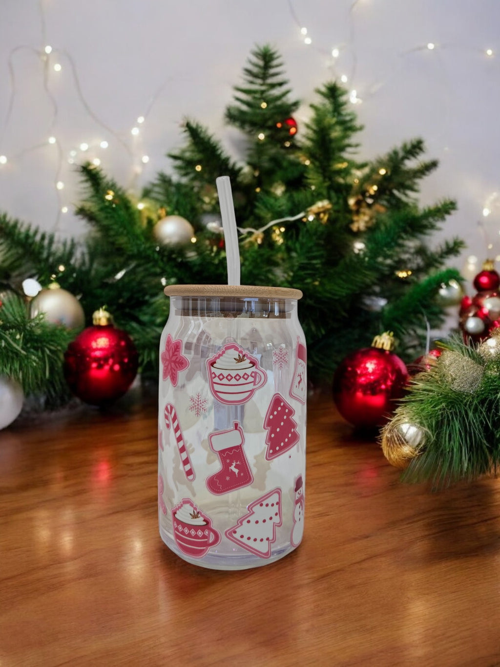 Winter Pink Glass Cup, 17.58 oz with Christmas Trees, Hot Cocoa, Candy Canes, Stockings and snowflakes.
