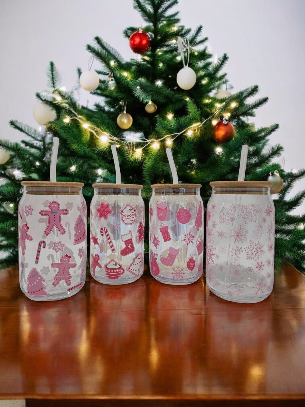 Winter Pink Glass Cup, 17.58 oz, Gingerbread men, Christmas Trees, Snowflakes and candy canes