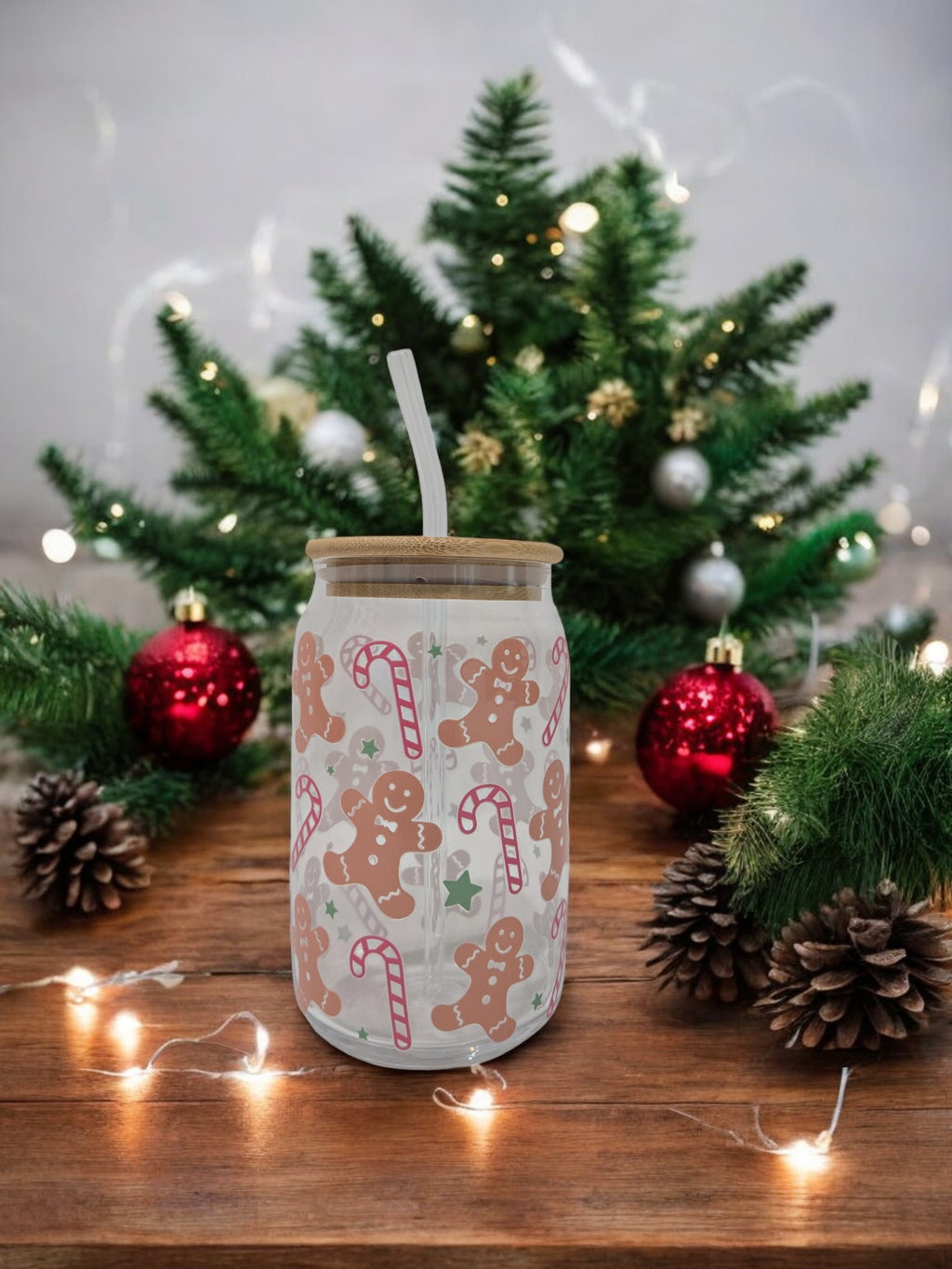 Winter Pink Glass Cup, 17.58 oz, Gingerbread men, candy canes, and stars