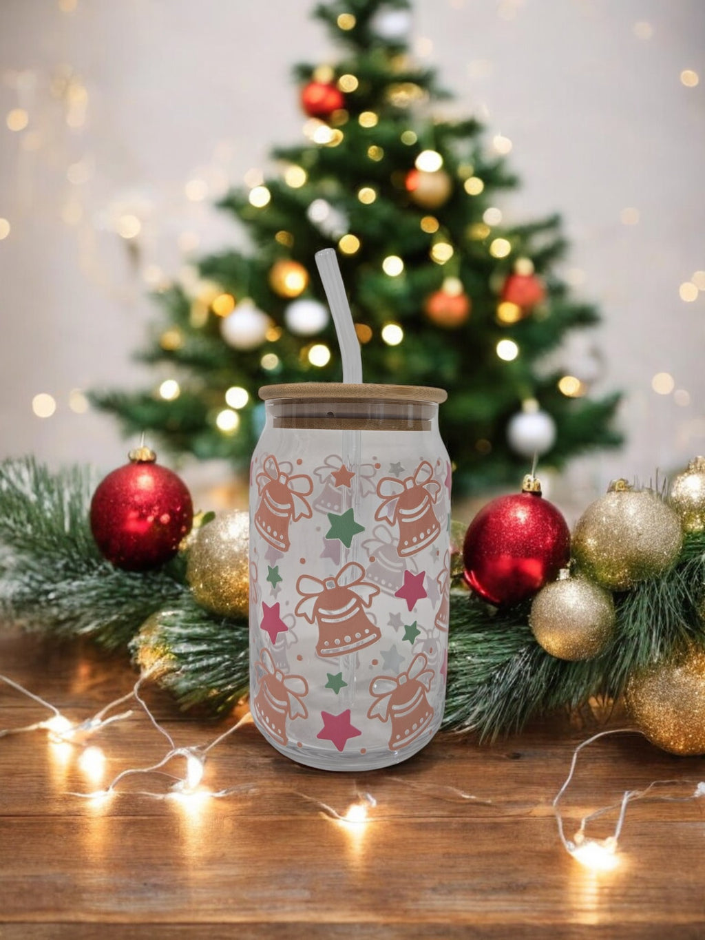 Winter Pink and Brown Glass Cup, 17.58 oz with Bells and Stars