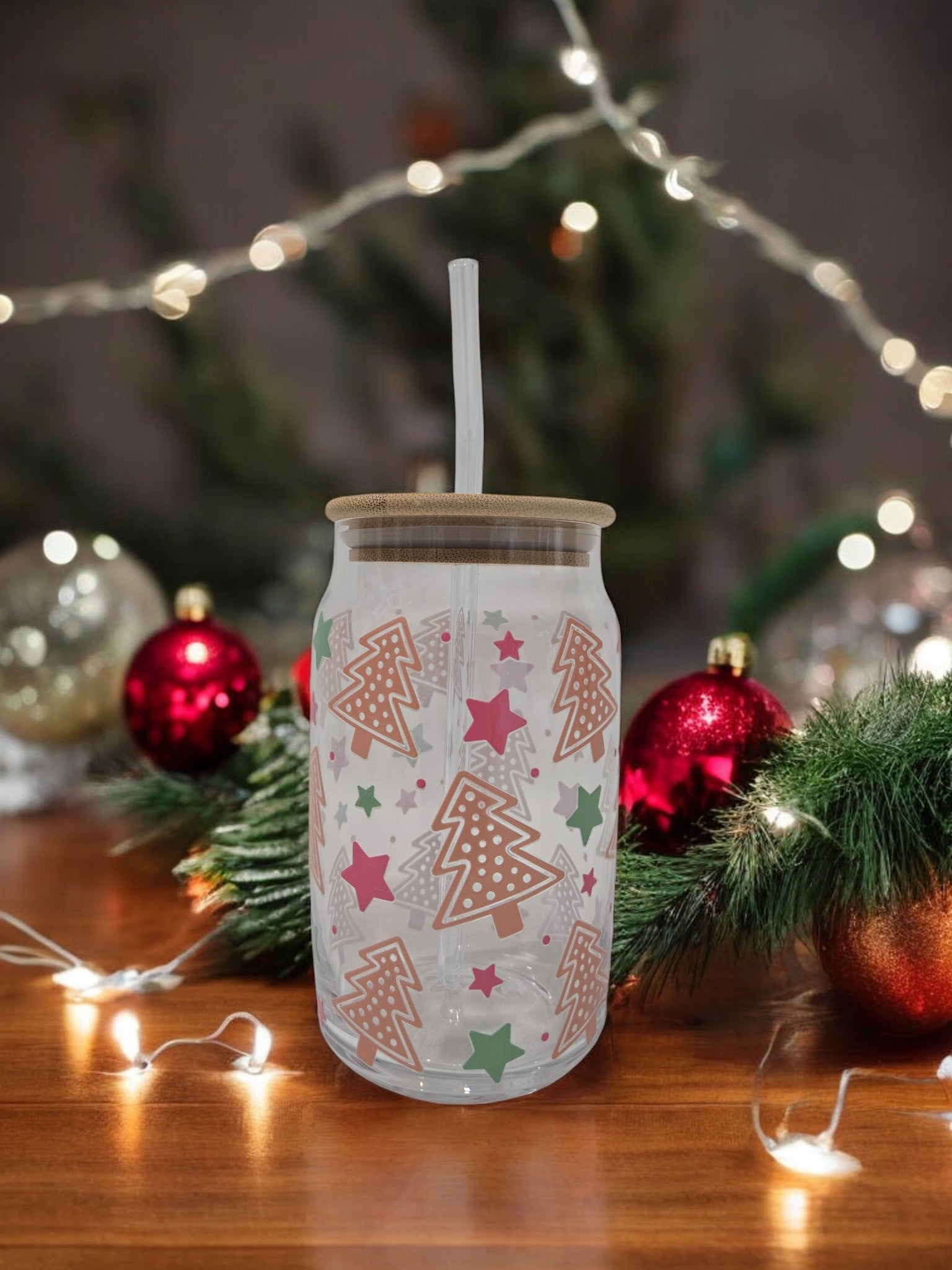 Winter Pink Glass Cup, 17.58 oz, Christmas trees and Stars