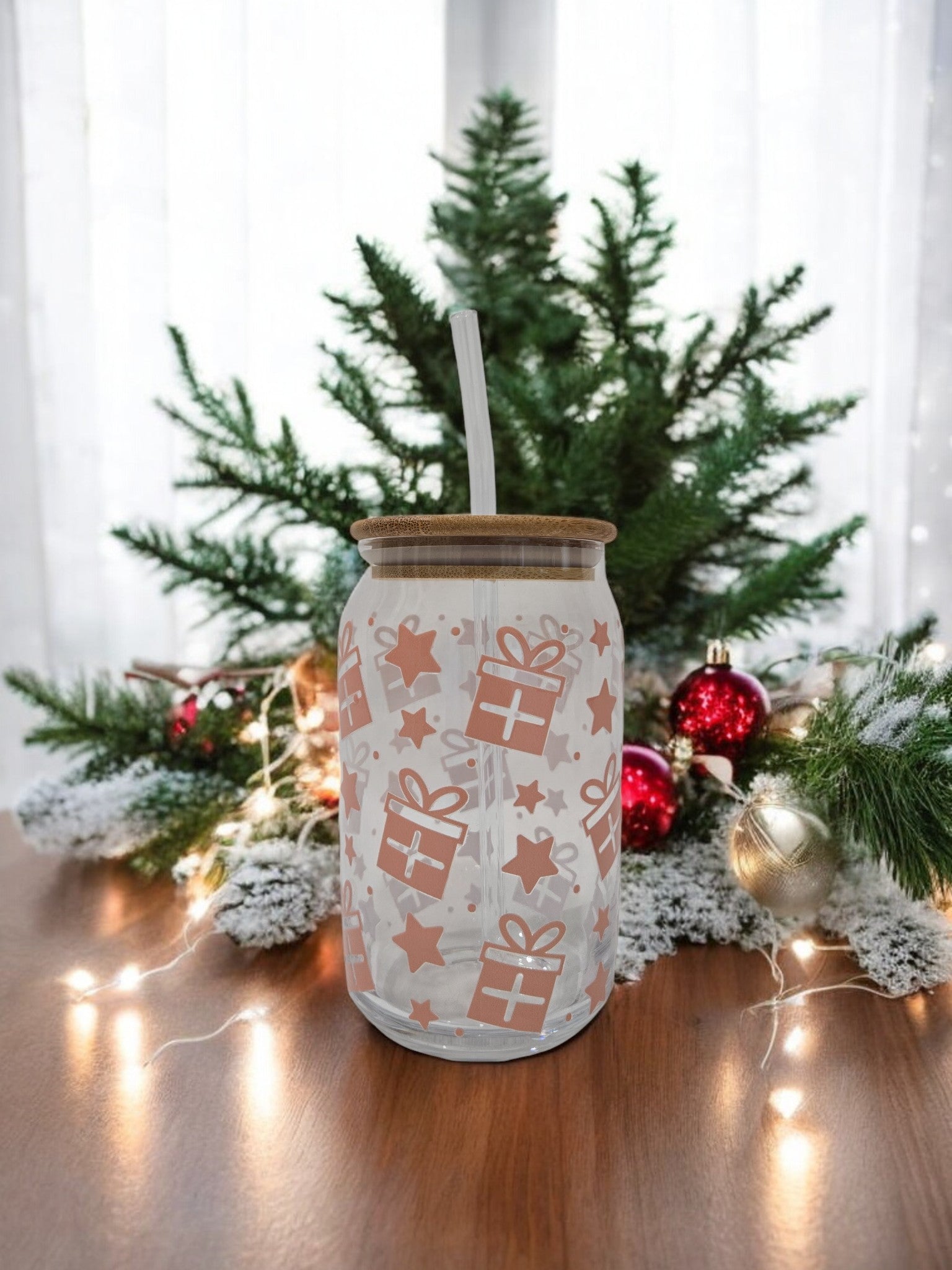 Winter Pink Glass cup, 17.58 oz, Presents and Stars