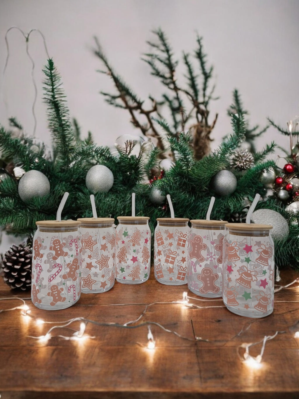 Winter Pink and Brown Glass Cup, 17.58 oz with Bells and Stars