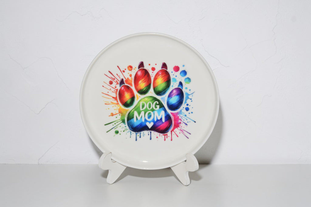 "Dog Mom" brightly colored paint splashed paw print jewelry tray, trinket tray, or display