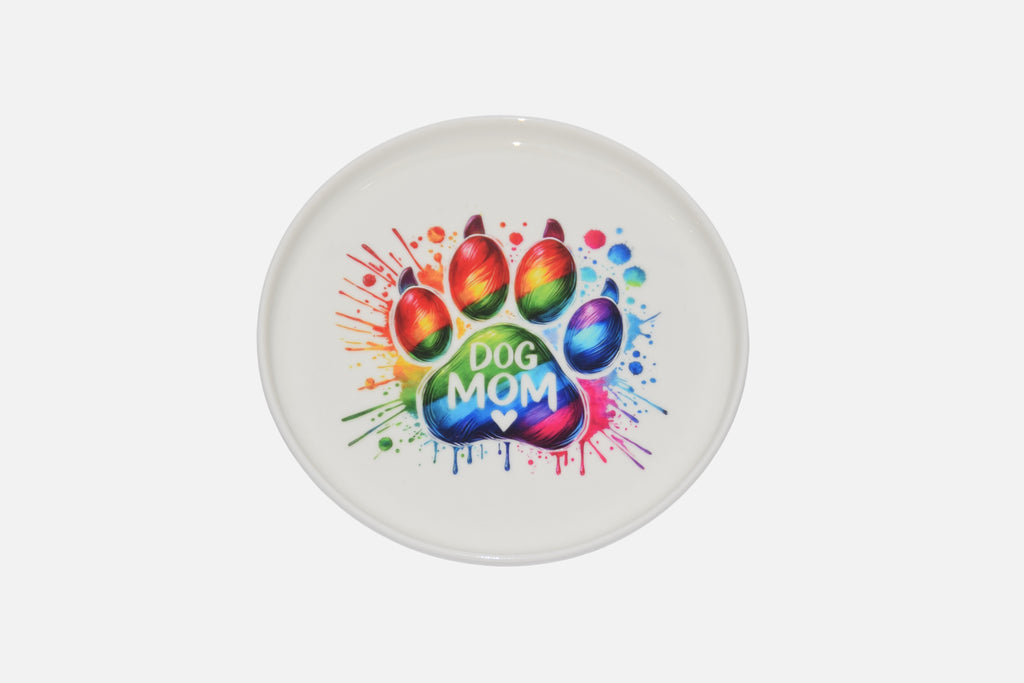 "Dog Mom" brightly colored paint splashed paw print jewelry tray, trinket tray, or display