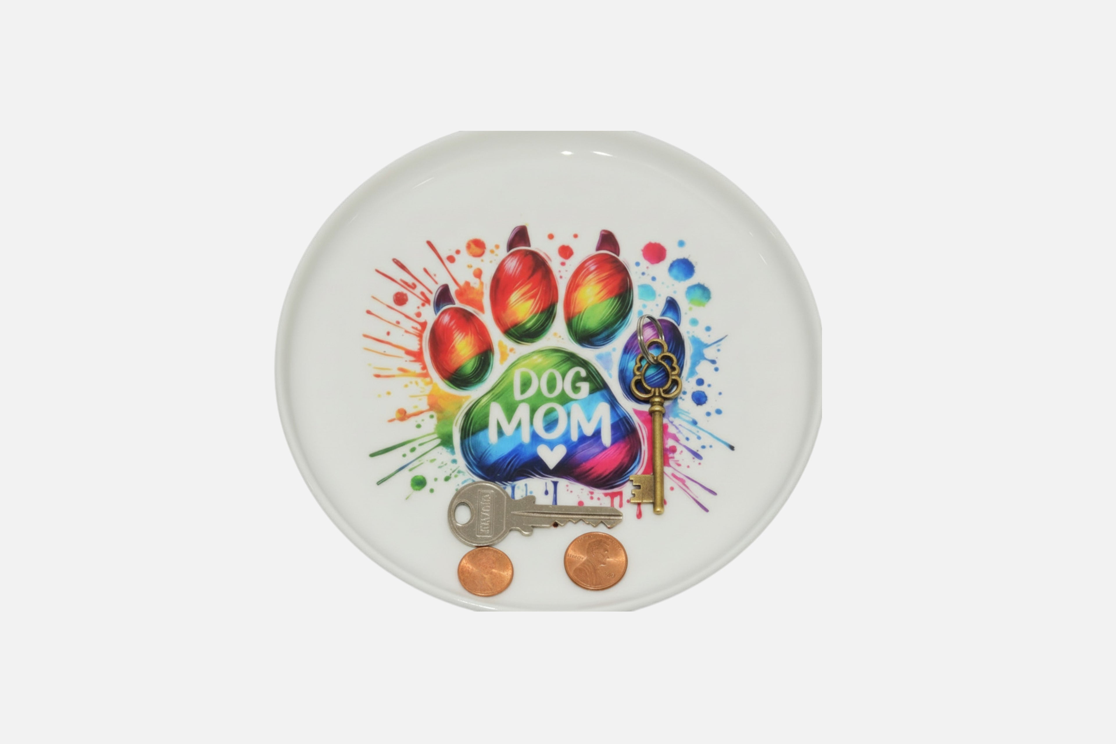"Dog Mom" brightly colored paint splashed paw print jewelry tray, trinket tray, or display