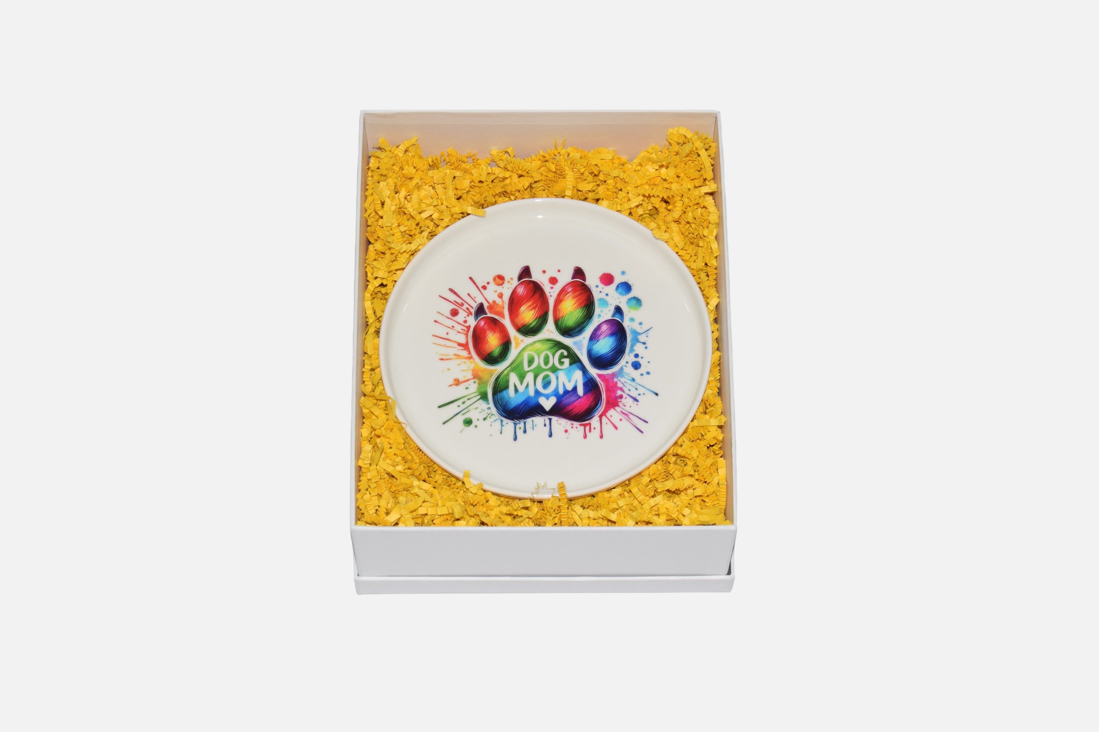 "Dog Mom" brightly colored paint splashed paw print jewelry tray, trinket tray, or display